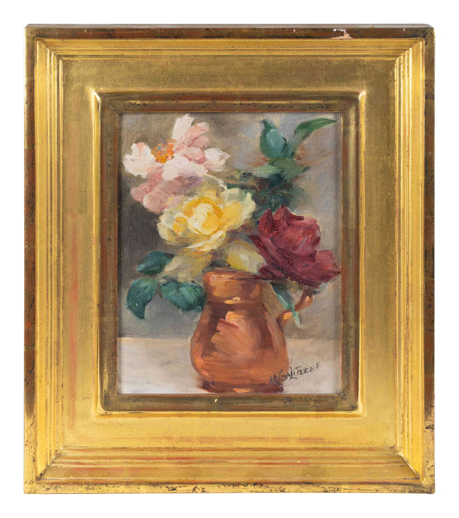 Irene (Princess) Galitzine (Russian-Georgian,: Irene (Princess) Galitzine (Russian-Georgian, 1916-2006) Still Life with Roses oil on board signed (lower right), inscribed on verso of paper-lined board "Bu Princess Galitazi, in exile in Vancouver, 