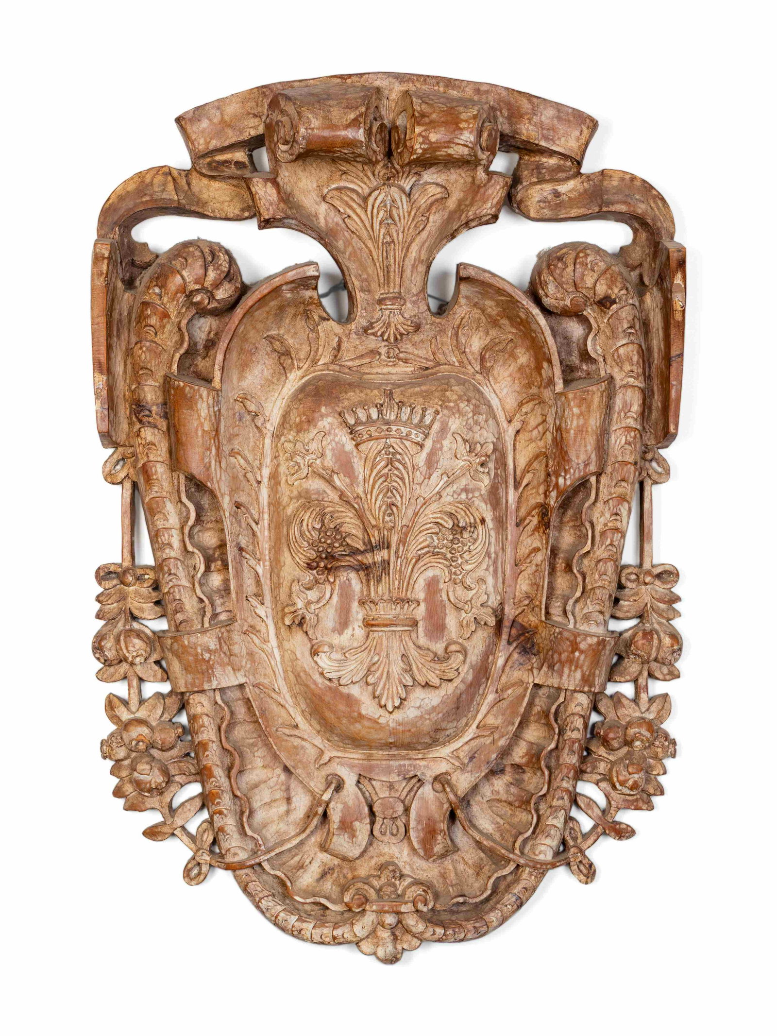 A Baroque Style Carved Wood Cartouche-Form Armorial: A Baroque Style Carved Wood Cartouche-Form Armorial Plaque Height 39 x width 29 inches.