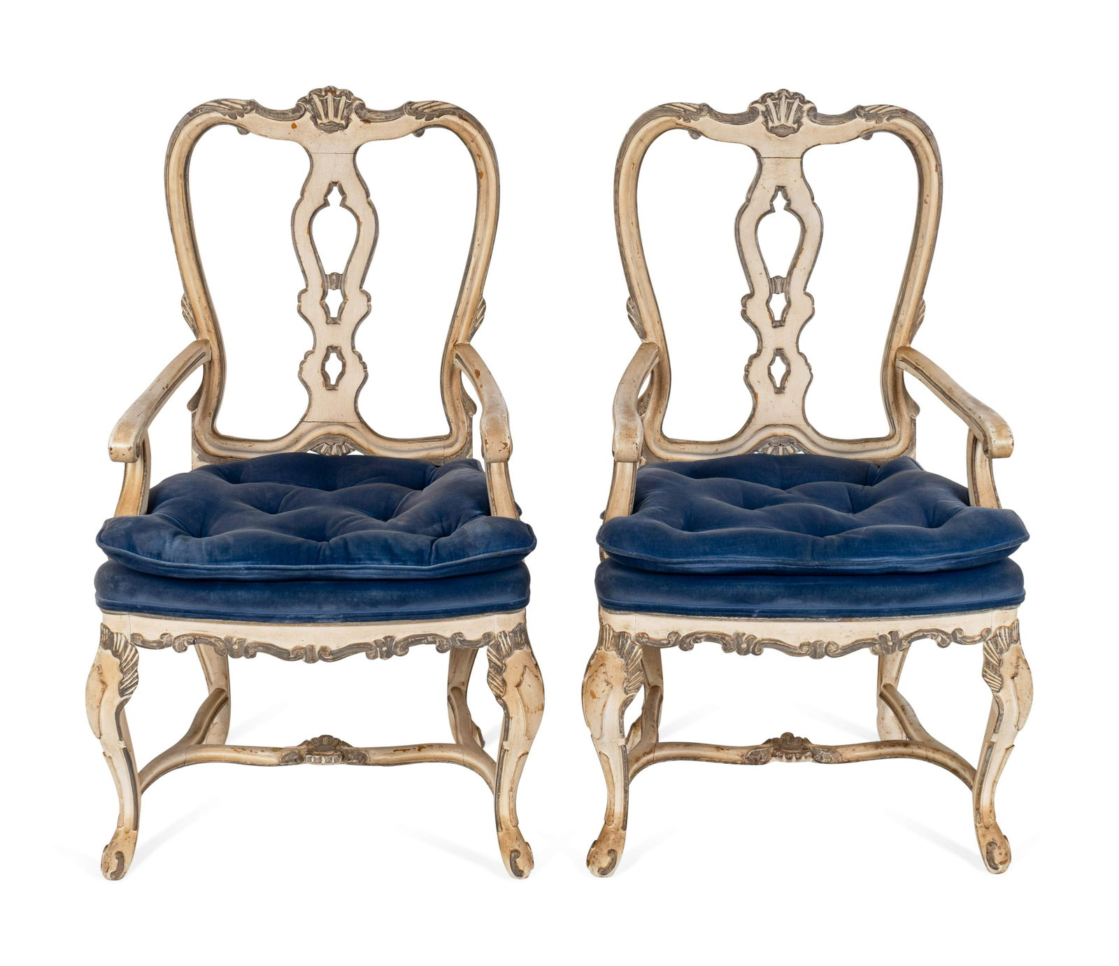 A Set of Four Italian Rococo Style Carved and Painted: A Set of Four Italian Rococo Style Carved and Painted Armchairs 20TH CENTURY Height 42 x width 22 x depth 18 inches.