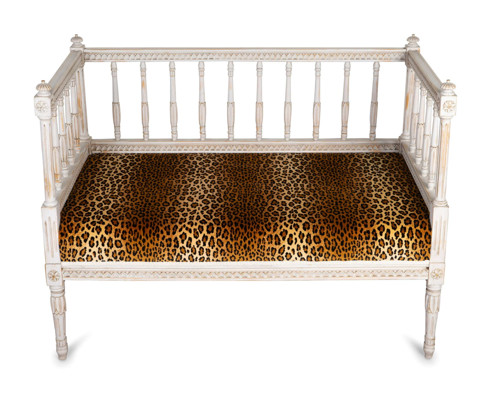 A Gustavian Style Painted Settee Height 34 x length 45: A Gustavian Style Painted Settee 20TH CENTURY With faux leopard upholstery and bolsters. Height 34 x length 45 x depth 23 inches. Property from a Palm Beach Collection