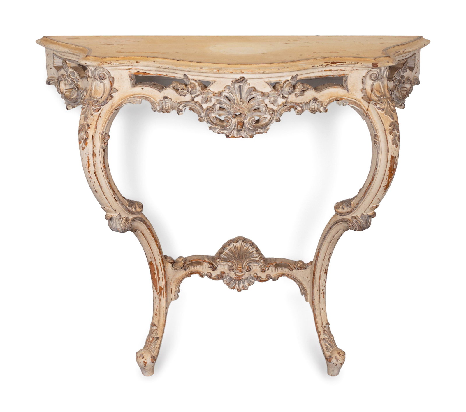 A Louis XV Style Carved and Painted Console Height 35 x: A Louis XV Style Carved and Painted Console 19TH/20TH CENTURY With attached wood top, painted overall in off-white with grey trim. Height 35 x width 39 1/2 x depth 15 1/2 inches.