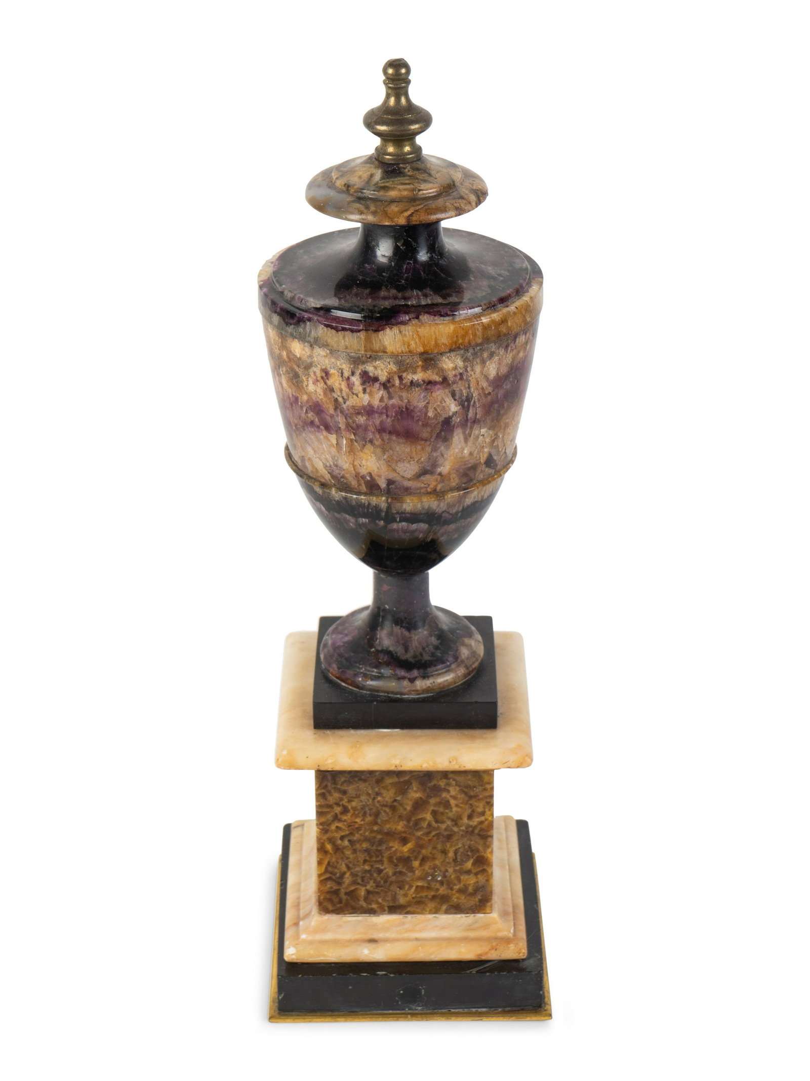 A George III Blue John Covered Urn on Pedestal Height: A George III Blue John Covered Urn on Pedestal Circa 1800 raised on an Ashford marble base. Height 12 1/2 inches.