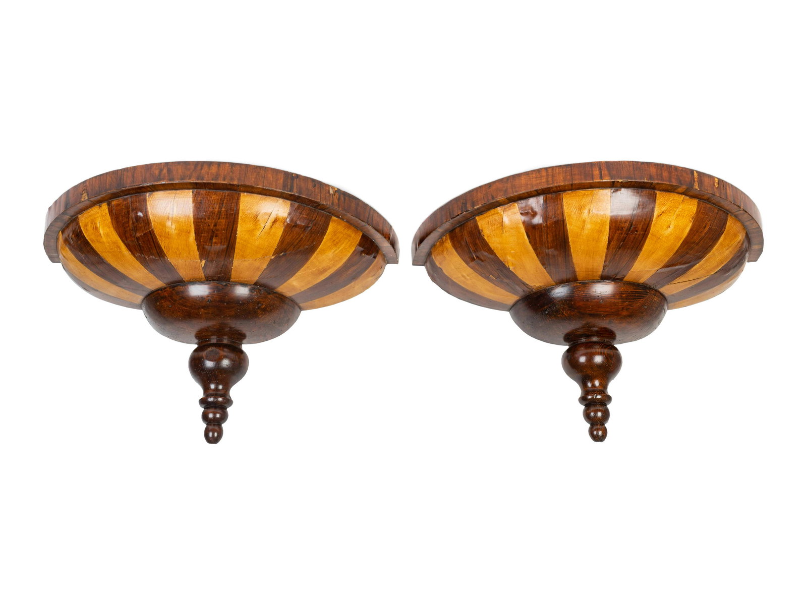 A Pair of European Carved Oak Wall Brackets Height 13 x: A Pair of European Carved Oak Wall Brackets 19TH CENTURY with alternating rosewood and birch veneer. Height 13 x width 22 x depth 10 inches.