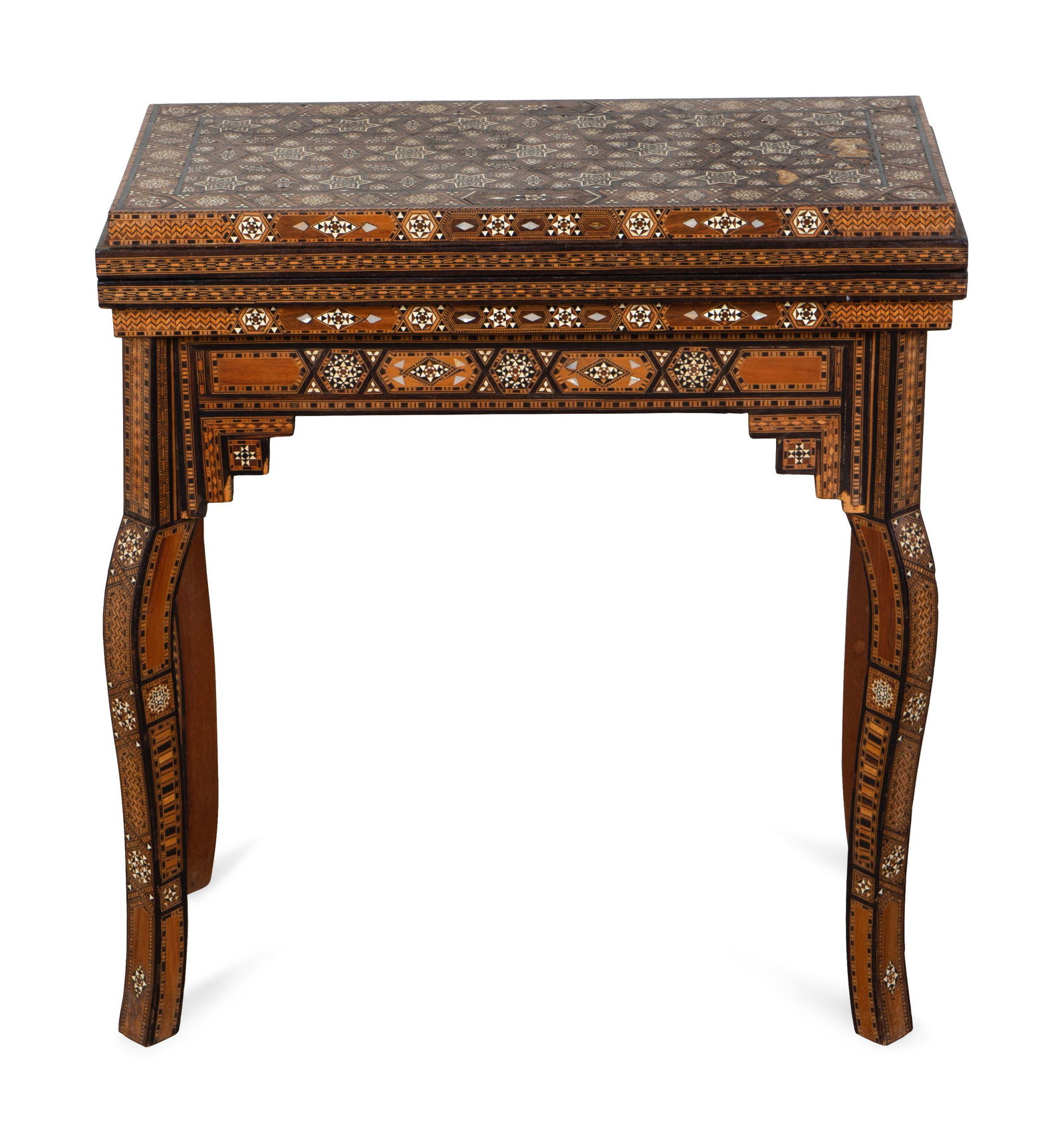 A Syrian Mother-of-Pearl and Bone Inlaid Games Table: A Syrian Mother-of-Pearl and Bone Inlaid Games Table 20TH CENTURY Height 26 1/2 x width 24 x depth 12 inches