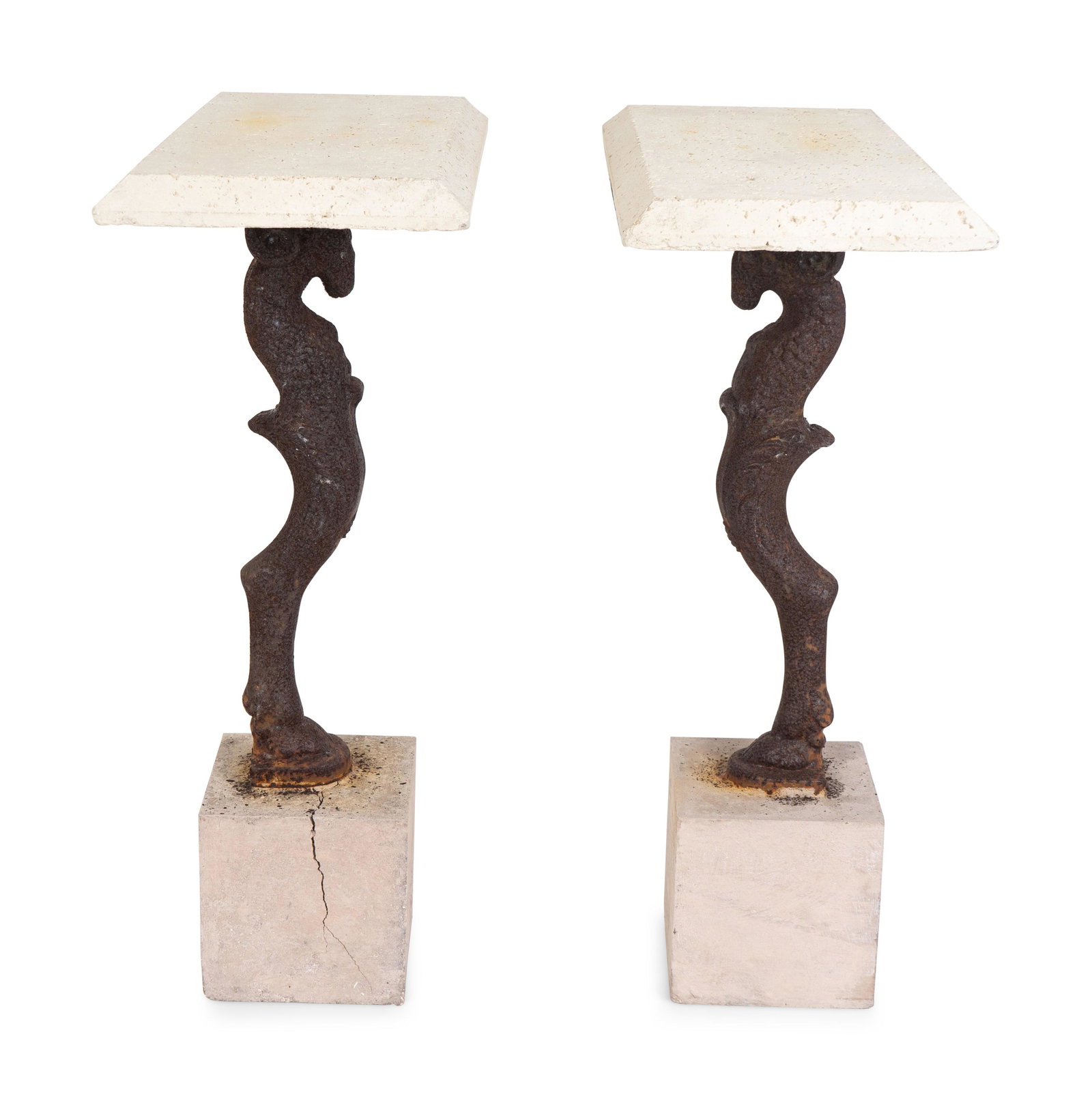 A Pair of Travertine and Cast-Iron Garden Consoles: A Pair of Travertine and Cast-Iron Consoles the bases in the form of a ram's head to hoof. Height 33 x width 12 x depth 16 inches.