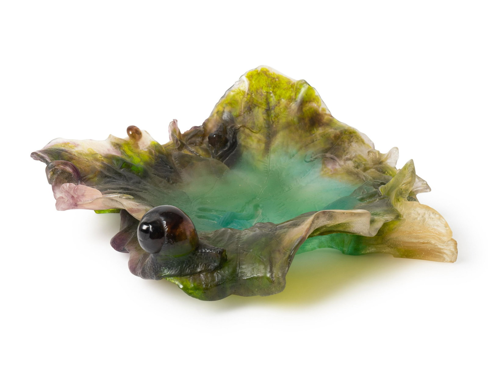 A Daum Pate de Verre Glass Maple Leaf Applied with: A Daum Pate de Verre Glass Maple Leaf Applied with Snails Length 14 x width 14 inches.