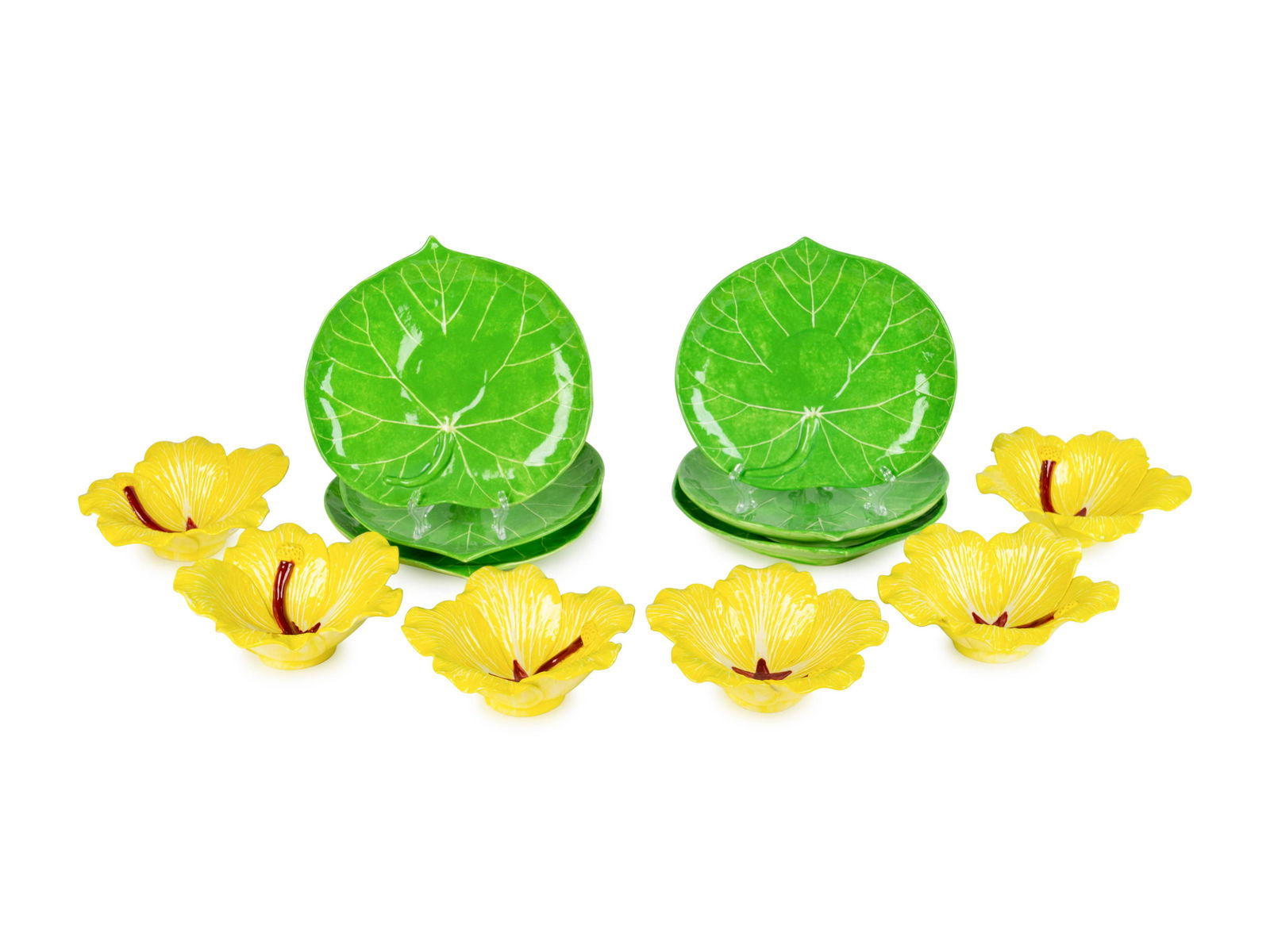 Six Dodie Thayer Yellow Hibiscus Bowls With Green: Six Dodie Thayer Yellow Hibiscus Bowls With Green Leaf-Form Undertrays 20TH CENTURY signed Dodie Thayer/Palm Beach underglaze. Bowl diameter 6 1/4 inches.