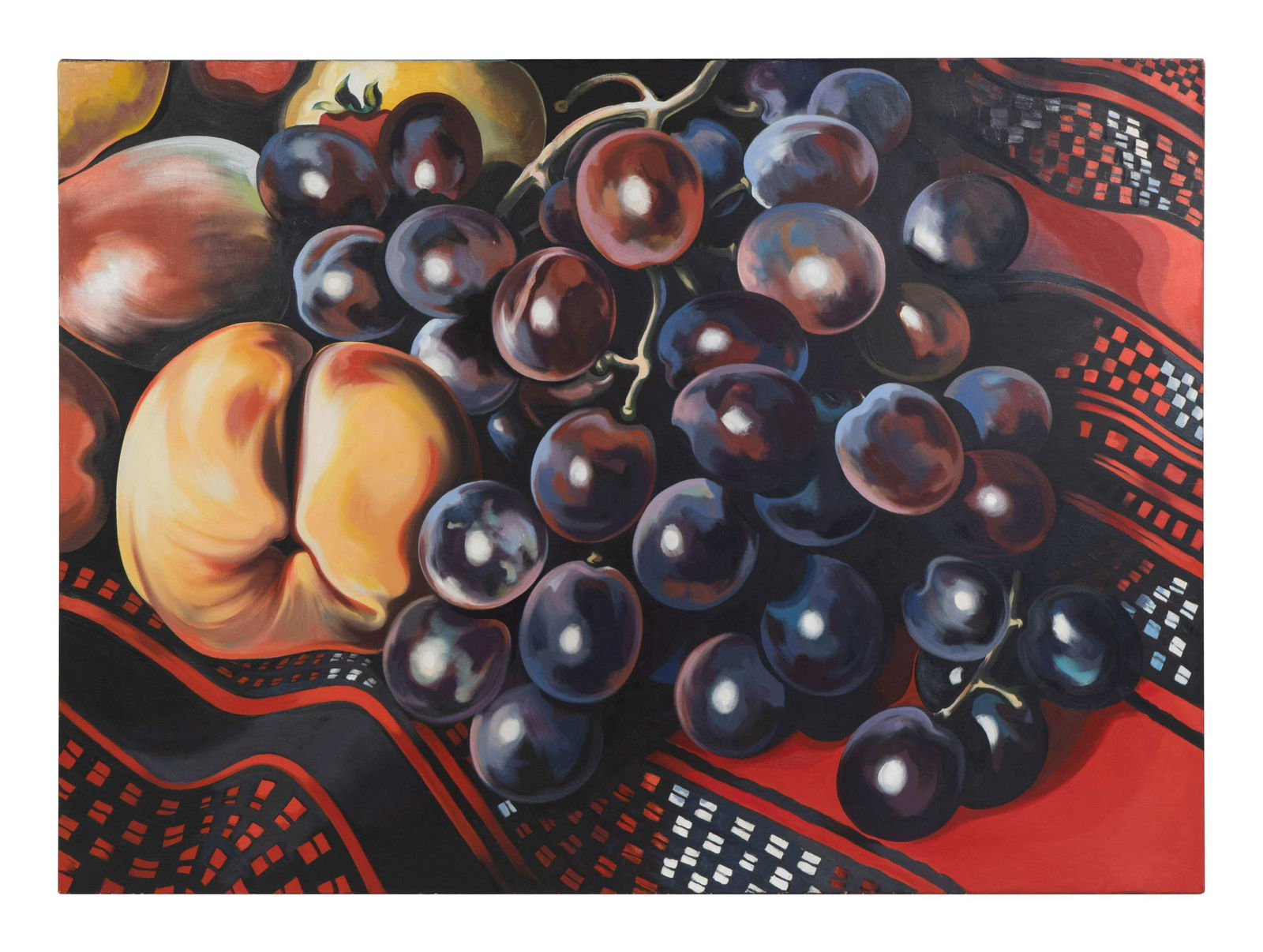 Lowell Nesbitt (American, 1933-1993) Peach and Grapes: Lowell Nesbitt (American, 1933-1993) Peach and Grapes, 1978 oil on canvas Signed L. Nesbitt on reverse, titled Peach and Grapes, 52" x 72", dated '78. 52 x 72 inches. Property of a Boca Raton Private
