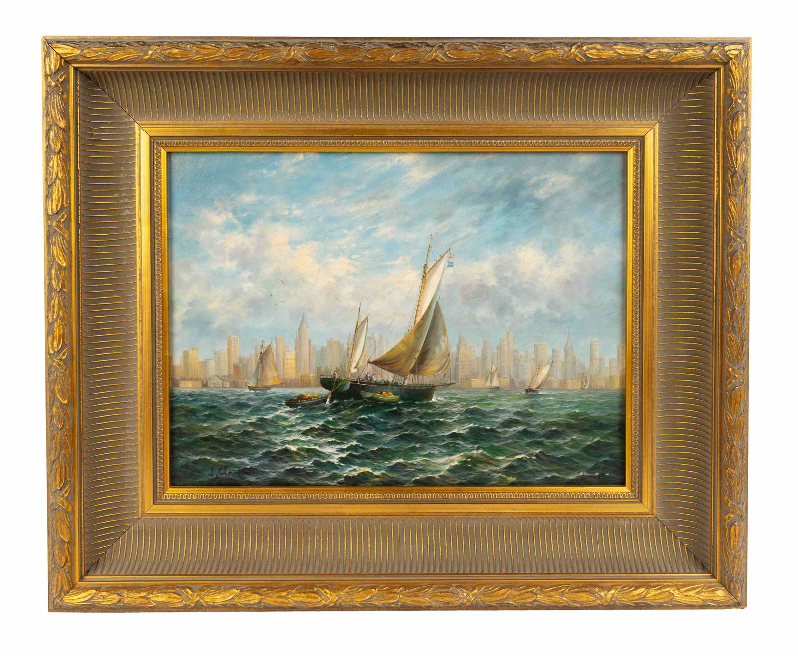 J. Clark (English, 20th Century) View of the New York: J. Clark (English, 20th Century) View of the New York Skyline from the Water oil on panel signed (lower left) Approx. 10 x 16 inches. Property from a Palm Beach Collection