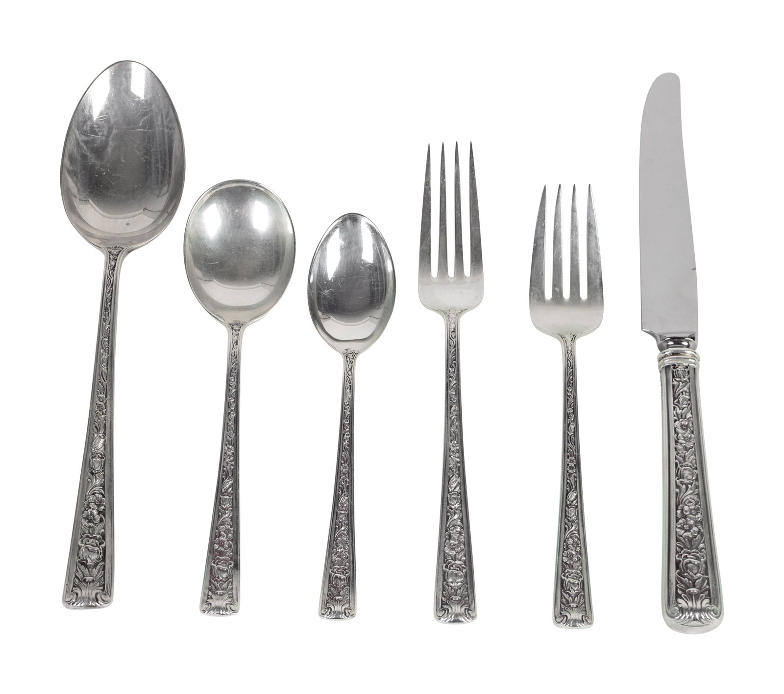An American Silver Flatware Service: An American Silver Flatware Service WATSON COMPANY, ATTLEBORO, MASSACHUSETTS Windsor Rose pattern, comprising: 12 dinner forks 12 luncheon forks 12 teaspoons 12 soup spoons 12 dinner knives 12 butter 