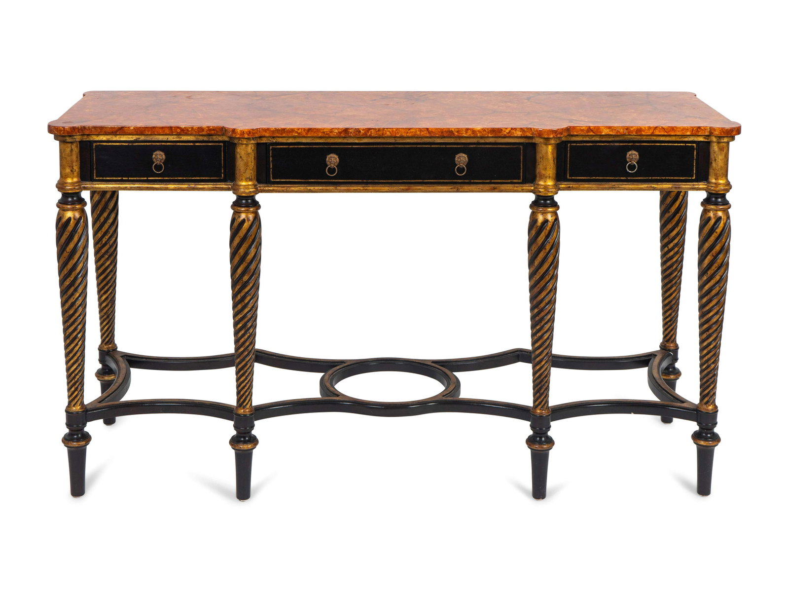 A Regency Style Painted Console Height 34 x width 60 x: A Regency Style Painted Console 20TH CENTURY With faux marbre painted top. Height 34 x width 60 x depth 19 inches. The Estate of Richard Fitzgerald, Boston, MA, and Palm Beach, FL