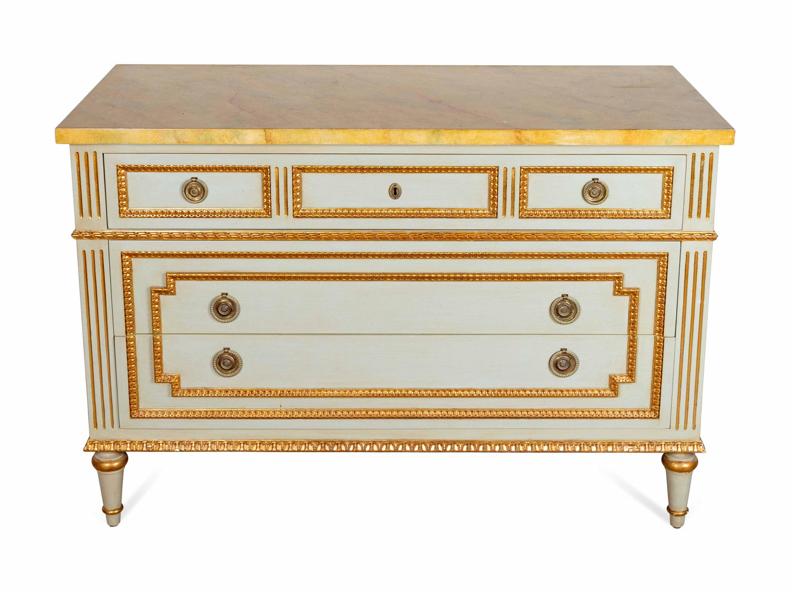 A Louis XVI Style Parcel-Gilt and Painted Commode: A Louis XVI Style Parcel-Gilt and Painted Commode 20TH CENTURY With faux marble-painted top. The Estate of Richard Fitzgerald, Boston, MA, and Palm Beach, FL