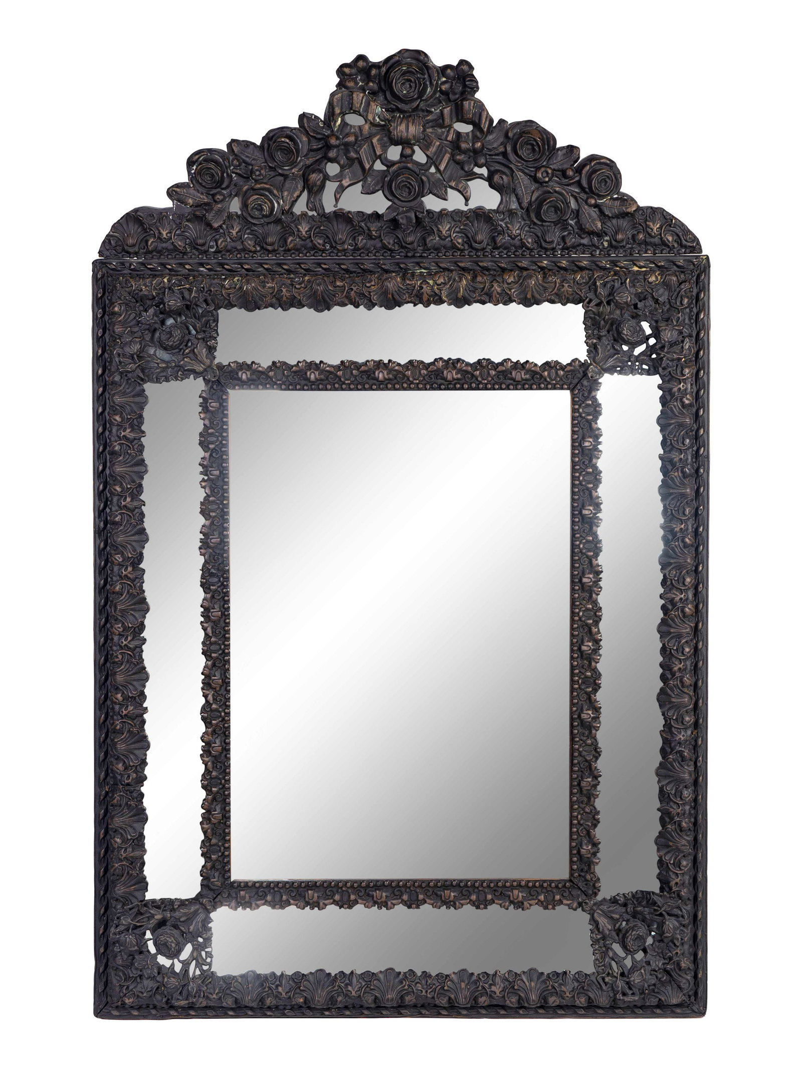 A Dutch Repoussed Brass Mounted Mirror Height 45 x: A Dutch Repoussed Brass Mounted Mirror 19TH CENTURY Height 45 x width 28 1/4 inches. Property from the Collection of L. Harrison Bernbaum