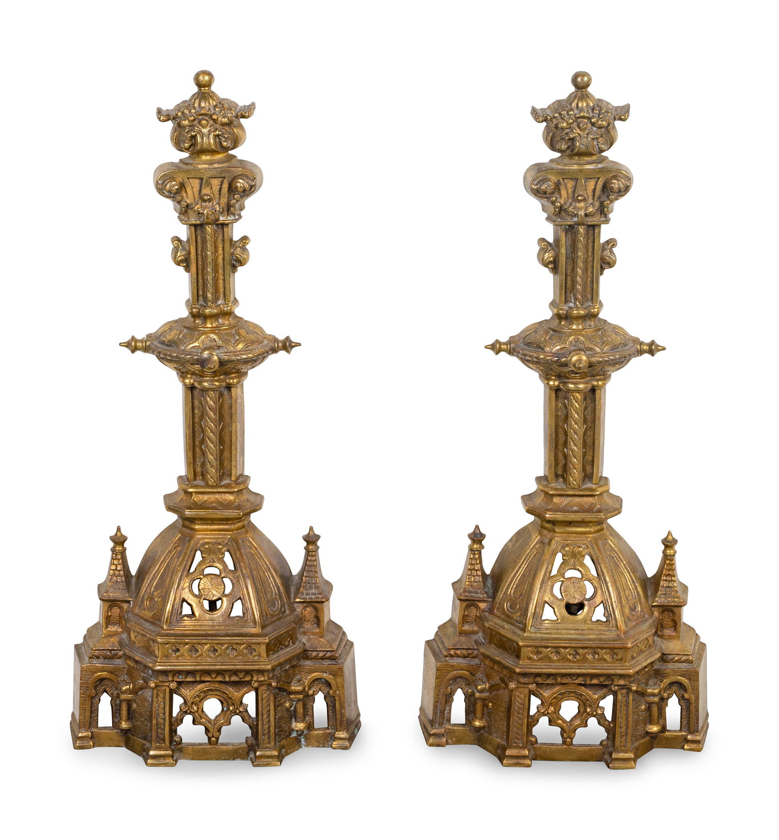 A Pair of Gothic Style Bronze Andirons Height 28: A Pair of Gothic Style Bronze Andirons 19TH CENTURY Height 28 inches.