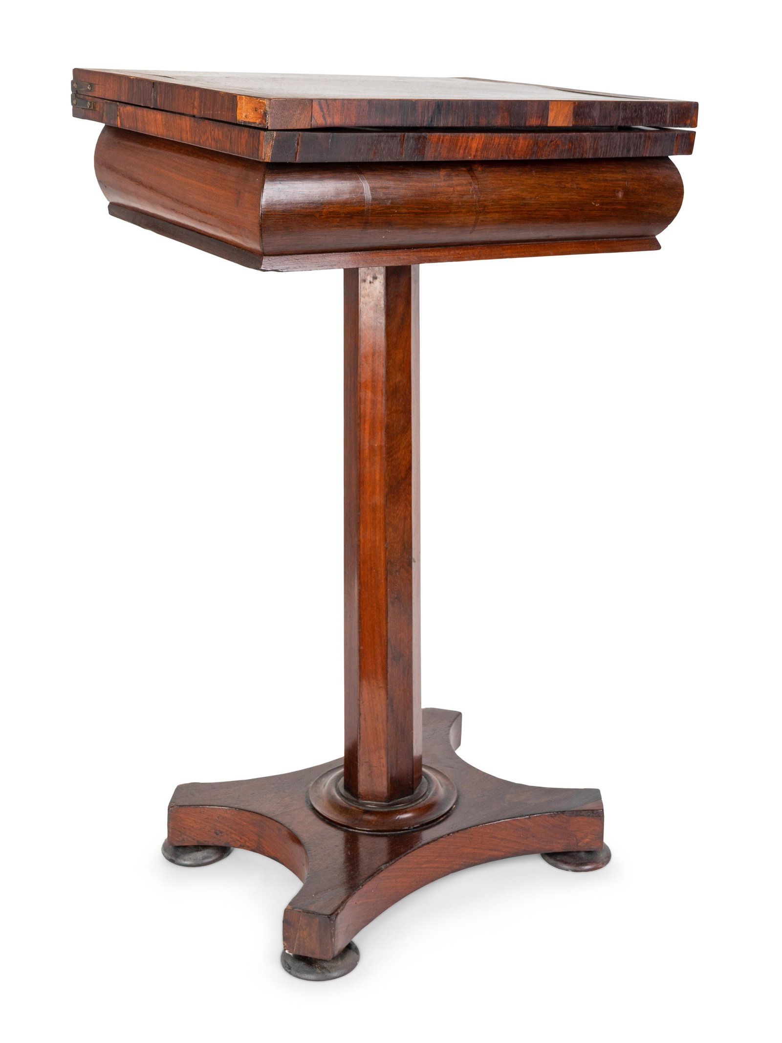 A Continental Inlaid Rosewood Flip-Top Games Table: A Continental Inlaid Rosewood Flip-Top Games Table 19TH CENTURY the top opens to an inlaid cribbage, back gammon and chess board. Height 28 x width 18 5/8 x depth (closed) 12 7/8 inches.