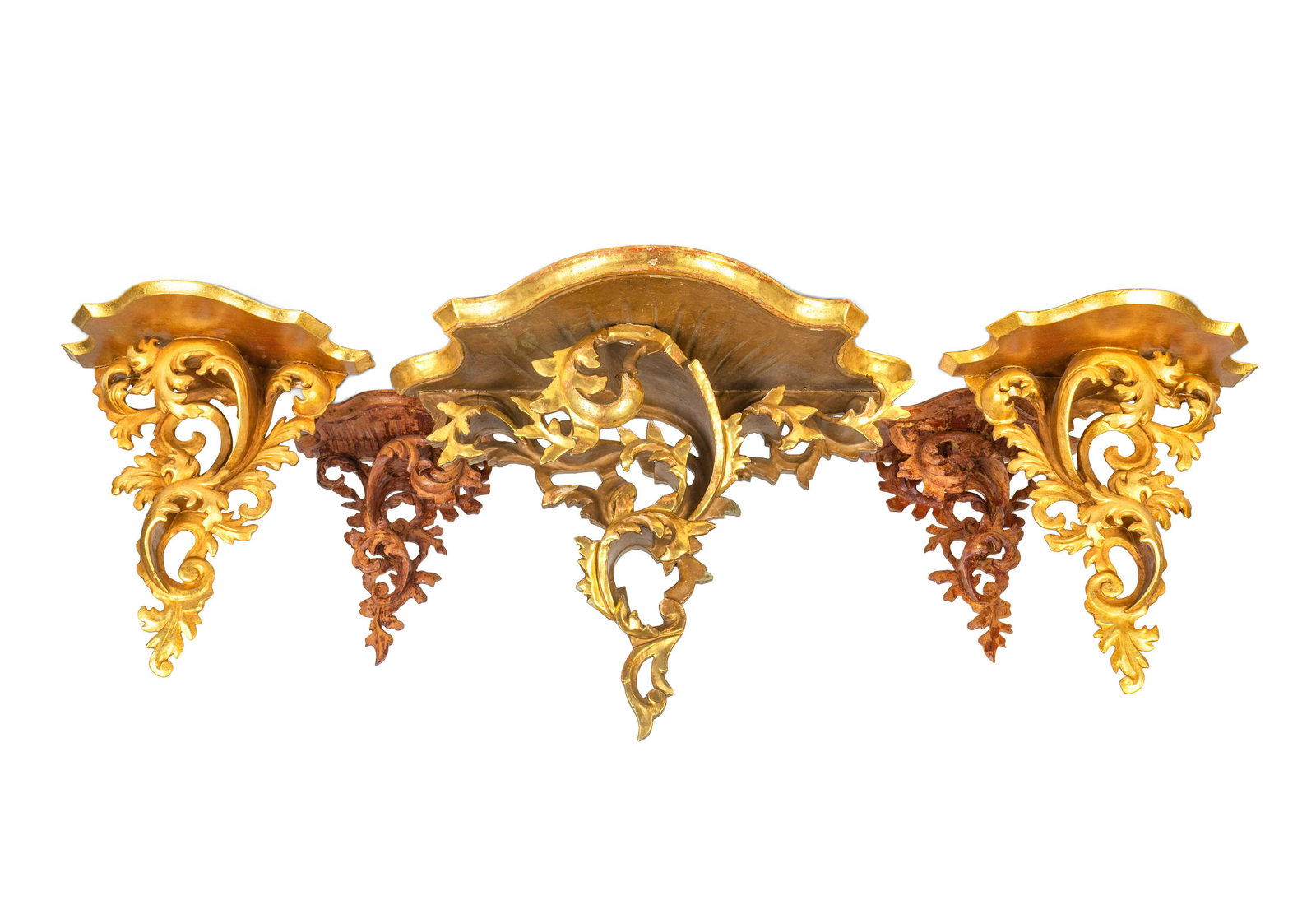 Five Florentine Rococo Style Giltwood and Wood Wall: Five Florentine Rococo Style Giltwood and Wood Wall Brackets 20TH CENTURY comprising two pairs and a single large bracket. Largest, Height 16 x width 22 x depth 9 1/2 inches.