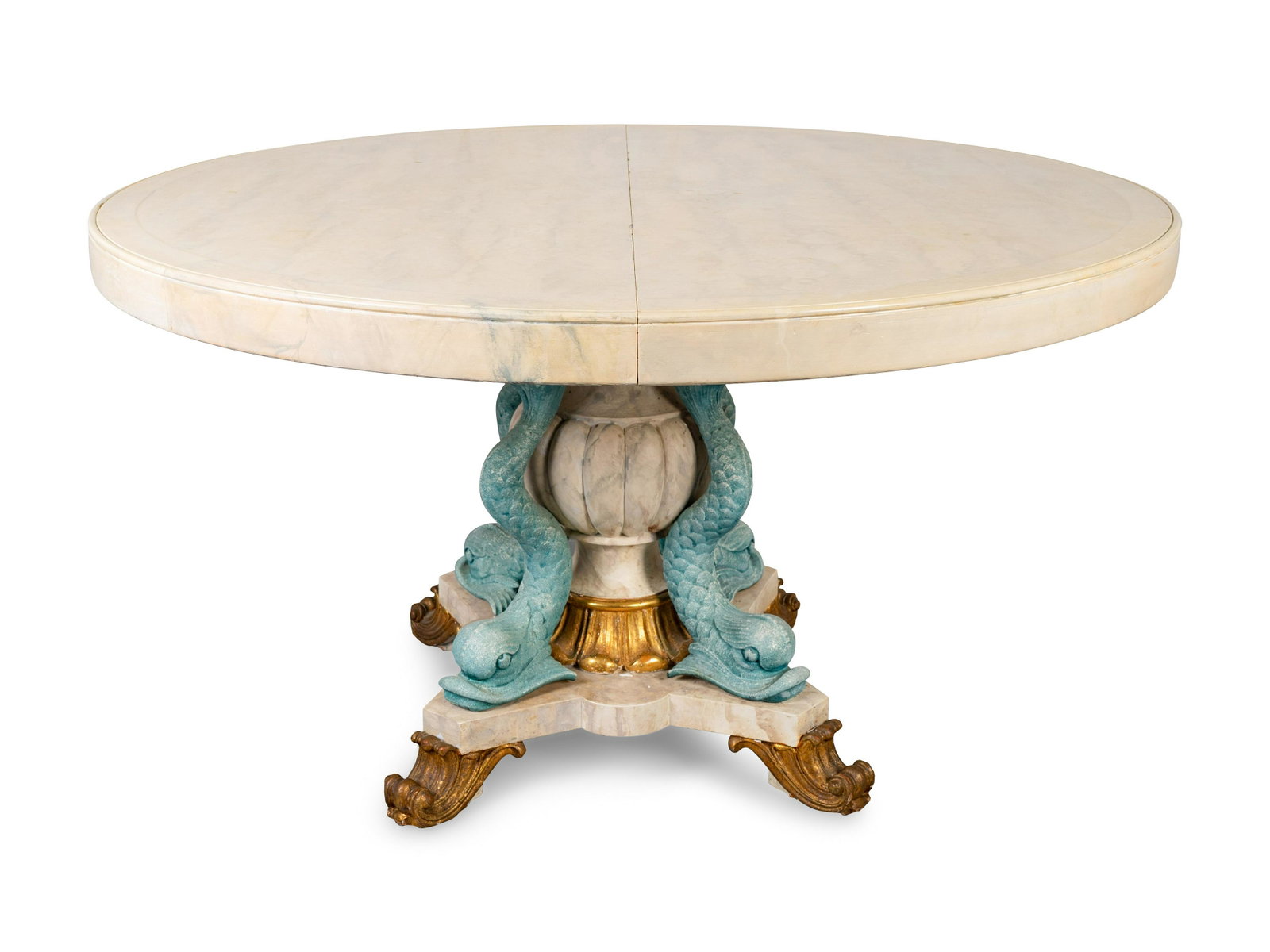 An Italian Empire Style Parcel-Gilt and Painted Center: An Italian Empire Style Parcel-Gilt and Painted Center Table 20TH CENTURY the circular top painted to simulate marble, with dolphin supports. Height 27 3/4 x diameter 42 1/2 inches. The Estate of Cynt