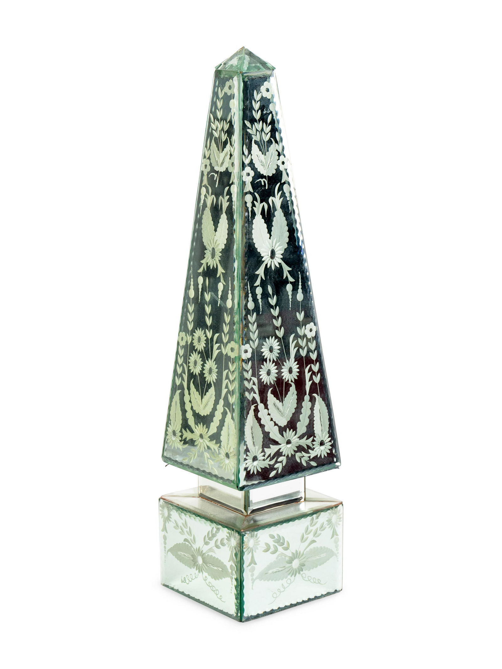 A Venetian Neoclassical Style Etched Glass Obelisk: A Venetian Neoclassical Style Etched Glass Obelisk 19TH/20TH CENTURY Height 21 inches.