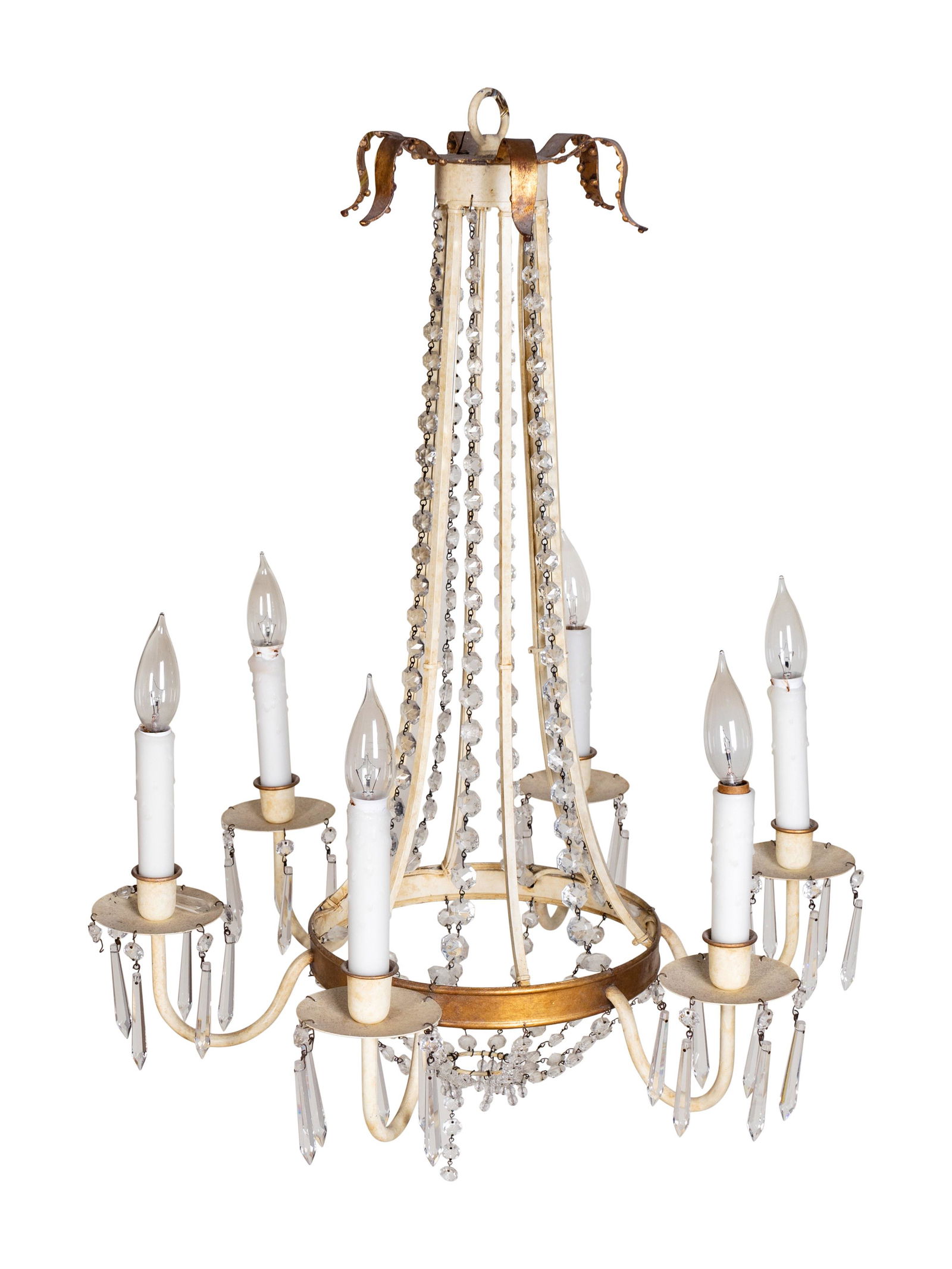 A Swedish Neoclassical Style Painted Metal and Glass: A Swedish Neoclassical Style Painted Metal and Glass Six-Light Chandelier DAVID IATESTA Height 27 x diameter 24 inches. Property from a Palm Beach Collection
