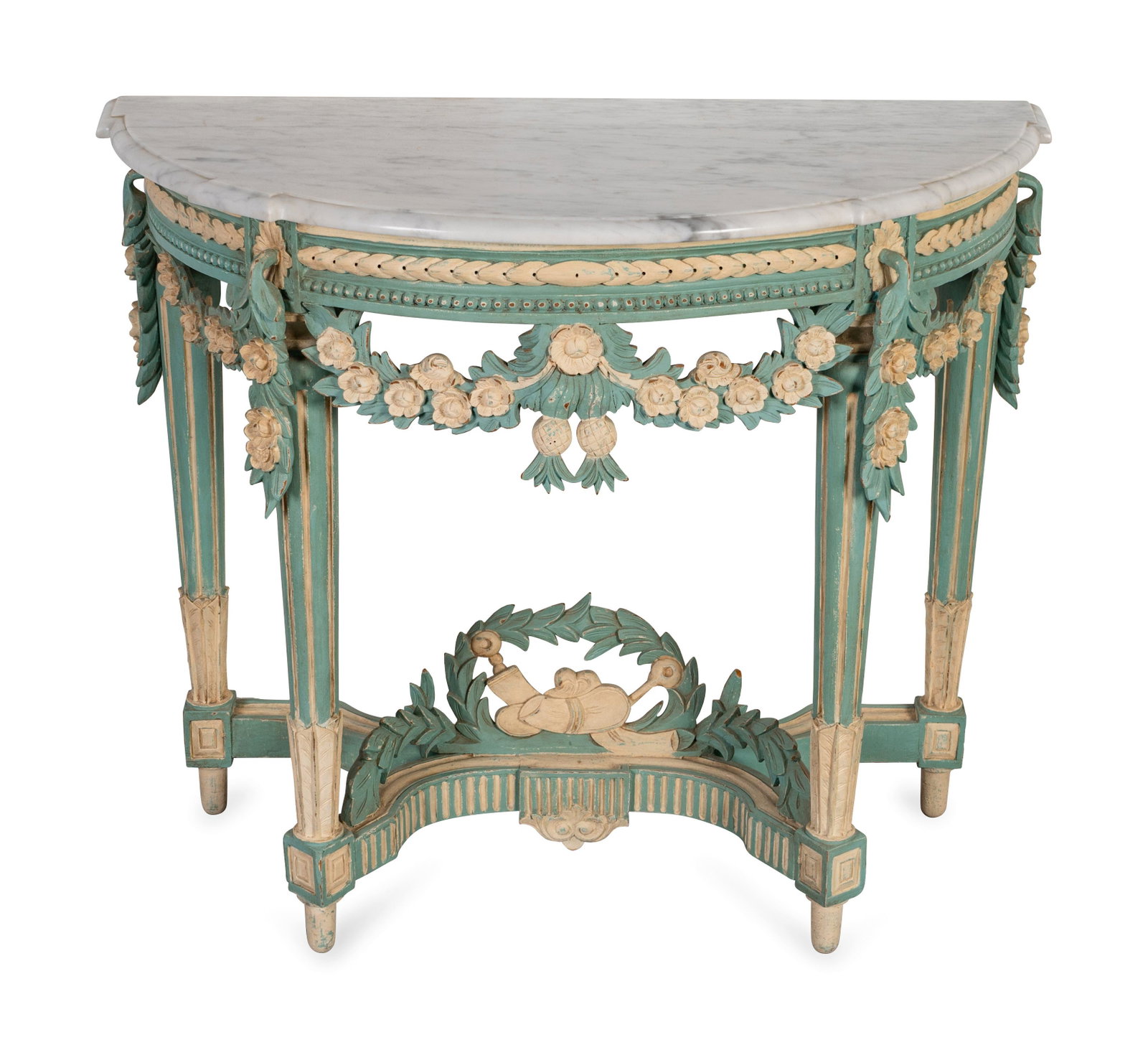 A Louis XVI Style Marble Top Polychromed Demi-lune: A Louis XVI Style Marble Top Polychromed Demi-lune Console 20TH CENTURY Height 33 x length 38 1/2 inches x depth 19 inches. The Estate of Cynthia Van Buren, Palm Beach, FL