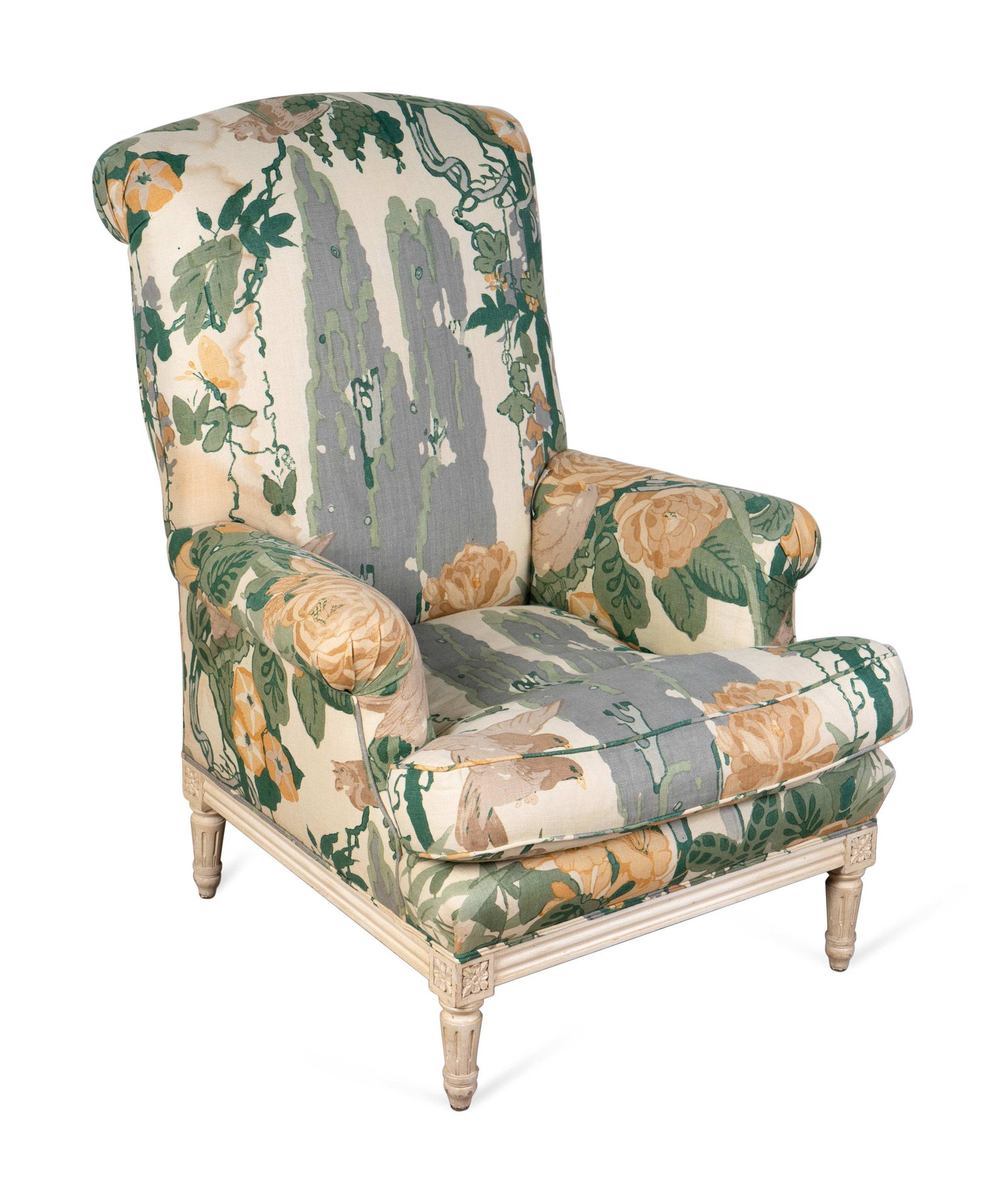 A Louis XVI Style Carved and Painted High Back Bergere: A Louis XVI Style Carved and Painted High Back Bergere 20TH CENTURY Height 40 x width 27 x depth 30 inches.