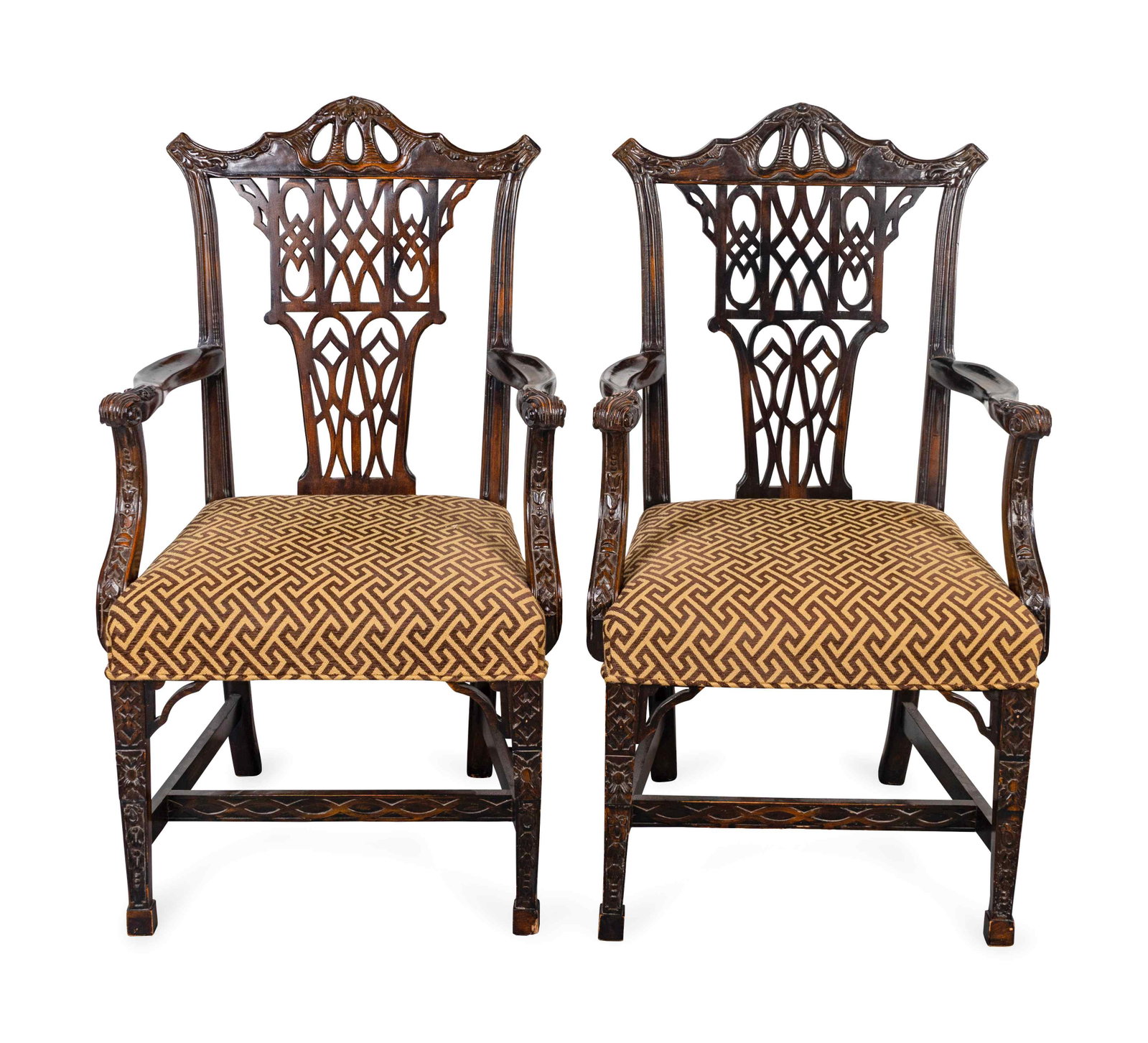 A Pair of Chinese Chippendale Style Mahogany Open: A Pair of Chinese Chippendale Style Mahogany Open Armchairs 20TH CENTURY Height 41 1/2 inches.