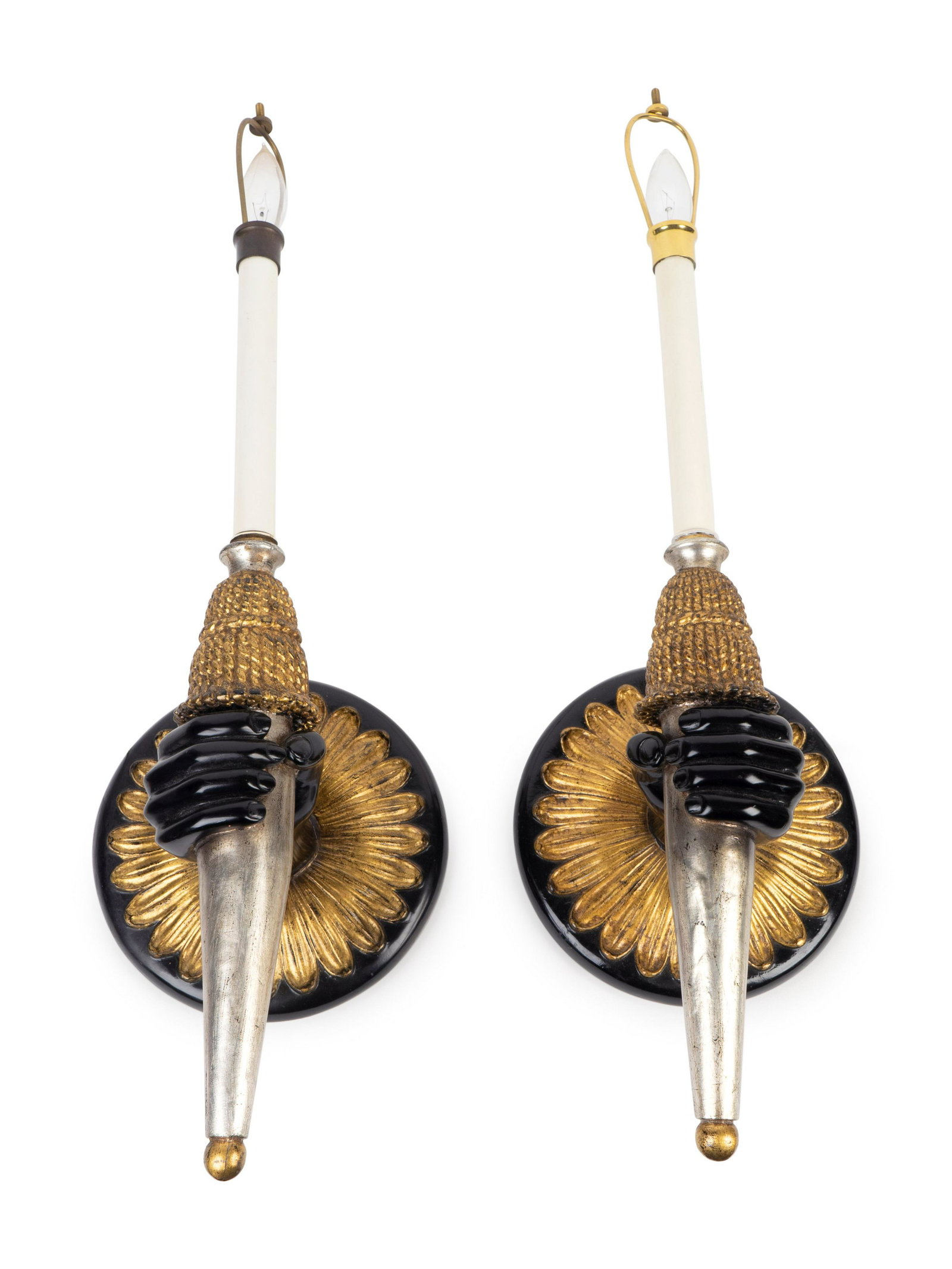 A Pair of Regency Style Parcel-Gilt and Ebonized : A Pair of Regency Style Parcel-Gilt and Ebonized Sconces 20TH CENTURY Electrified. Height 27 inches.