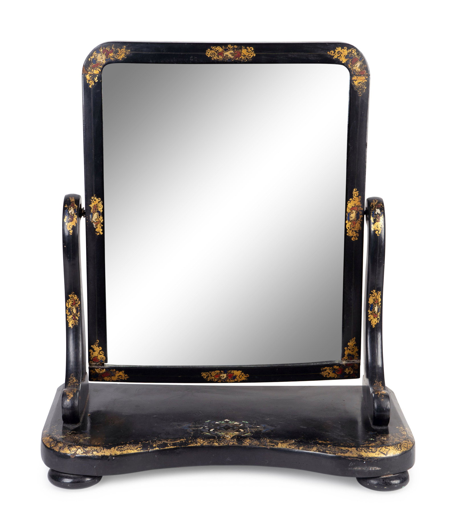 A Victorian Gilt-Decorated Papier-MÃ¢: A Victorian Gilt-Decorated Papier-MÃ¢cheDressing Table Mirror THIRD QUARTER 19TH CENTURY Height 26 x width 23 x depth 12 inches.