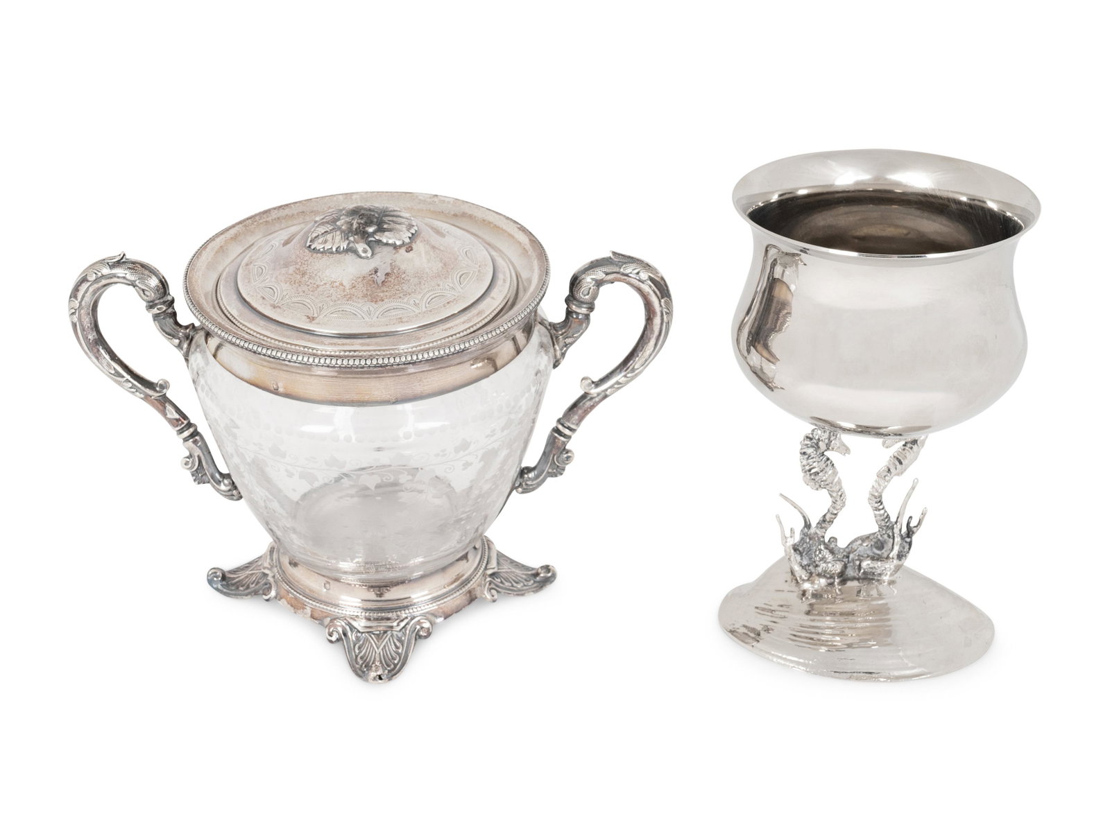 Two Silver Plate Table Articles Height of taller 5 3/4: Two Silver Plate Table Articles 19TH CENTURY comprising an English bowl raised on two seahorses atop a clam shell and a silver plate and etched crystal covered sugar. Height of taller 5 3/4 inches.