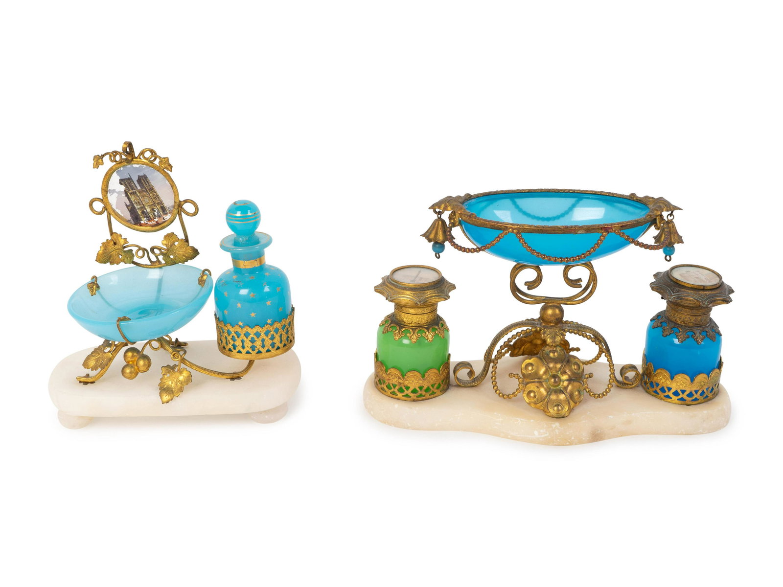 Two French Gilt Metal Mounted Blue Opaline Glass: Two French Gilt Metal Mounted Blue Opaline Glass Articles comprising an encrier with two ink wells flanking a central dish surmounting a opaline glass base and raised on four foliate decorated toupie