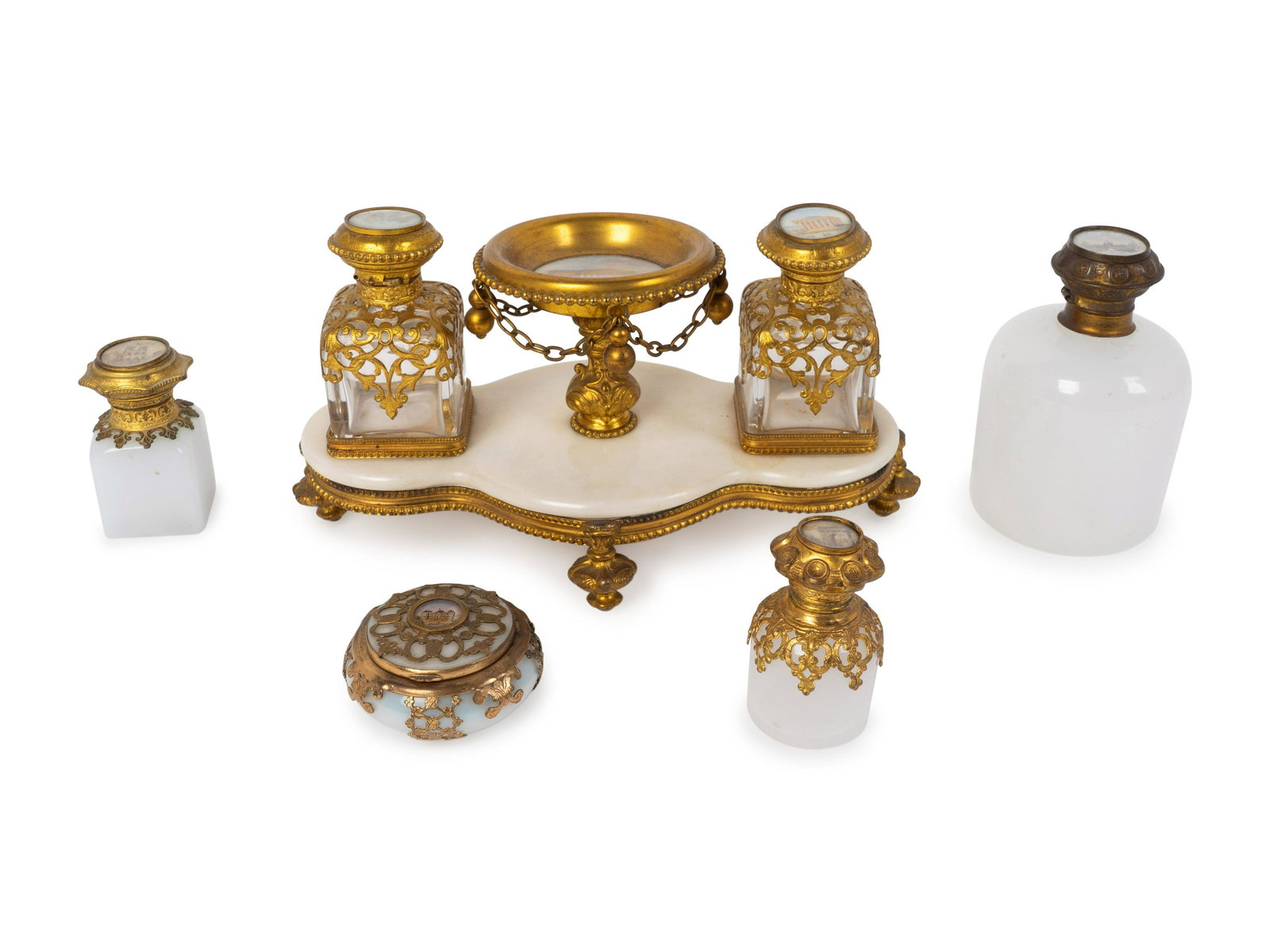 A Group of Three Gilt Bronze Mounted Opaline Glass: A Group of Three Gilt Bronze Mounted Opaline Glass Articles 19TH CENTURY comprising an inkwell, two scent bottles, an encrier on alabaster base, and a small covered pot; each with inset roundels of Fr