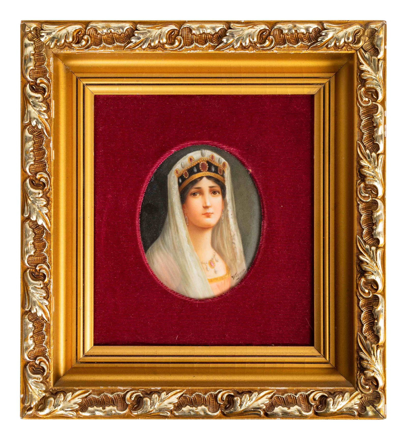 A German Painted Porcelain Plaque Plaque, 4 3/4 x: A German Painted Porcelain Plaque LATE 19TH/20TH CENTURY Painted by Wagner, signed, depicting a royal lady wearing a tiara set with rubies and pearls, signed Wagner lower right; in a giltwood fr