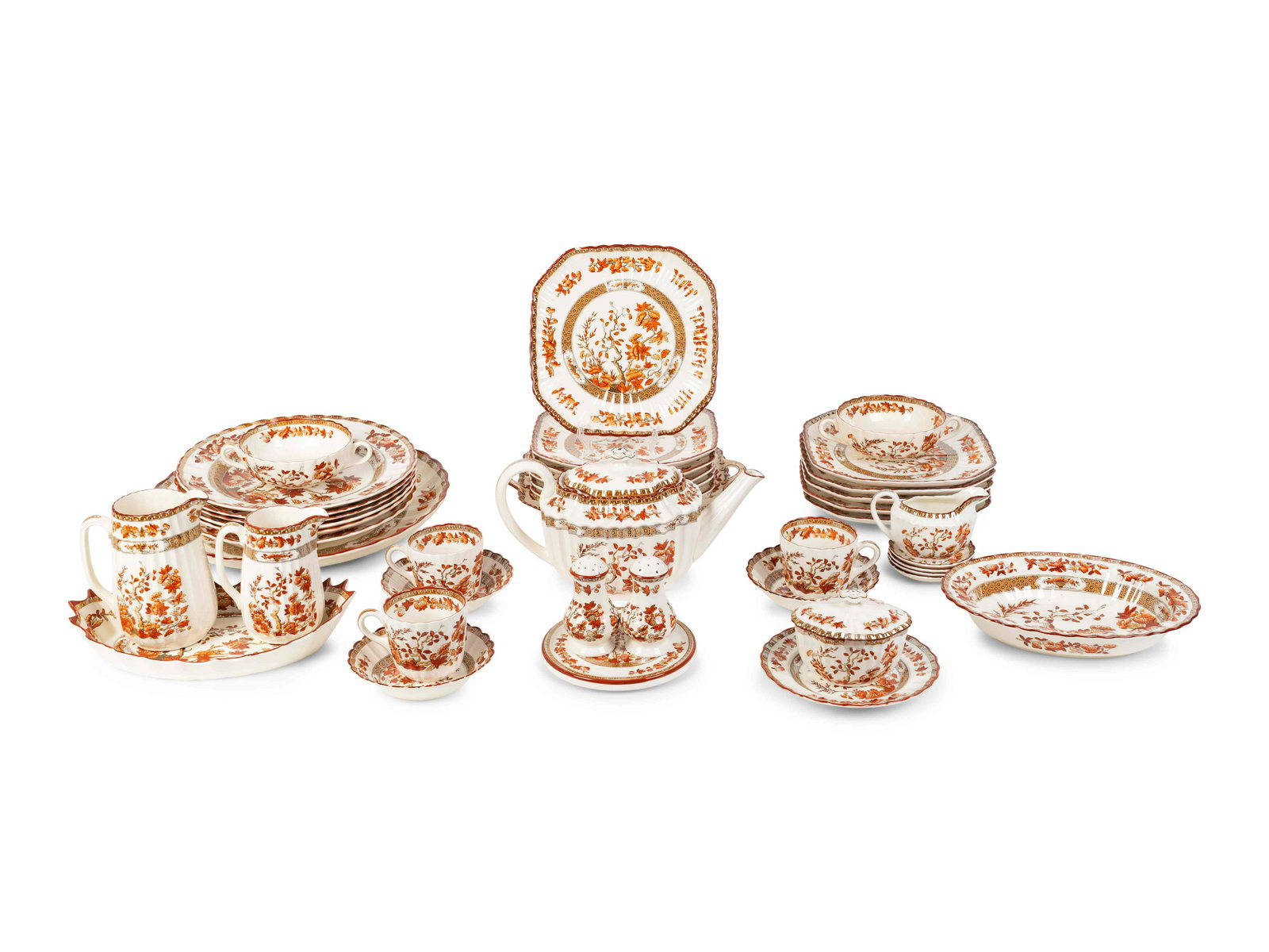 A Copeland Spode India Tree Stoneware Service Dinner: A Copeland Spode India Tree Stoneware Service 20TH CENTURY comprising: 8 dinner plates 12 square luncheon plates 14 side plates 6 dessert bowls 4 butter pats 16 coffee cups 14 saucers 2 oval serving b