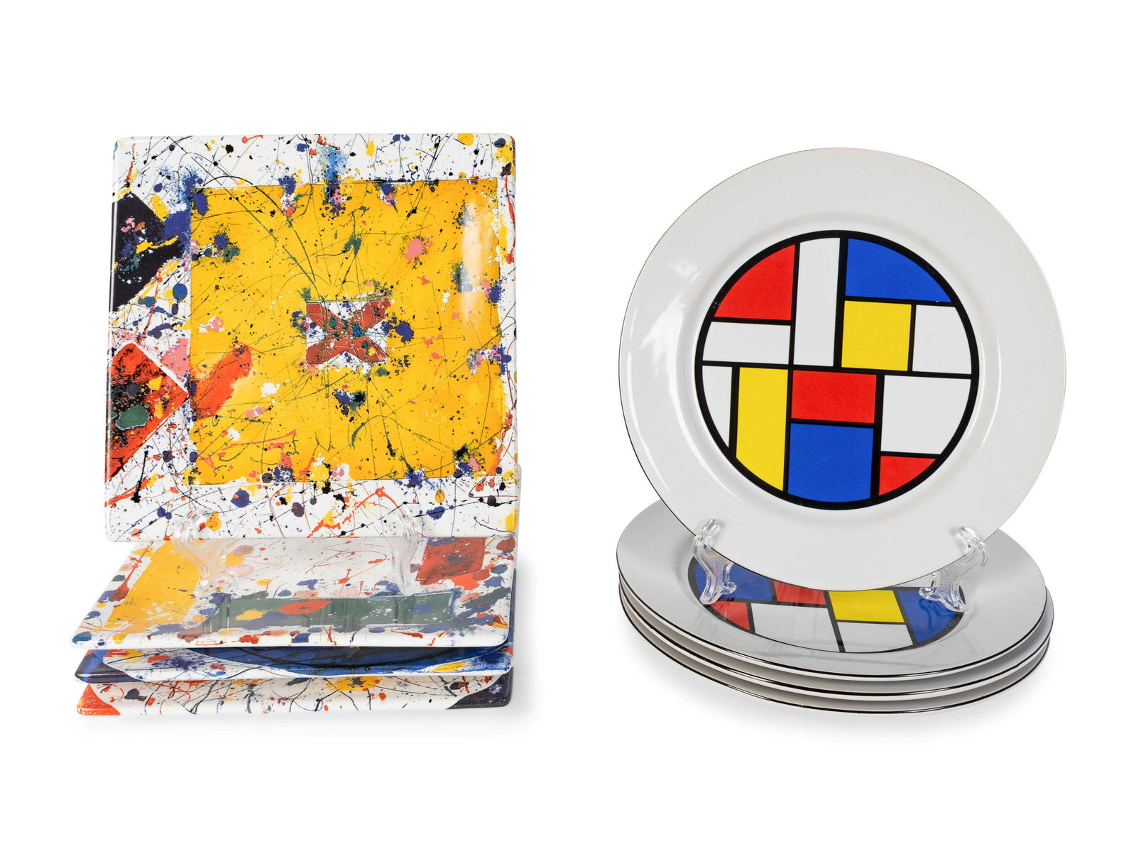 A Set of Four Sam Francis Plates and a Set of Four: A Set of Four Sam Francis Plates and a Set of Four Mondrian Fruit Dishes The Sam Francis plates marked SFM 81-004/ THE SAM FRANCIS ESTATE/ THE MUSEUM OF CONTEMPORARY ART LOS ANGELES, the Mondria