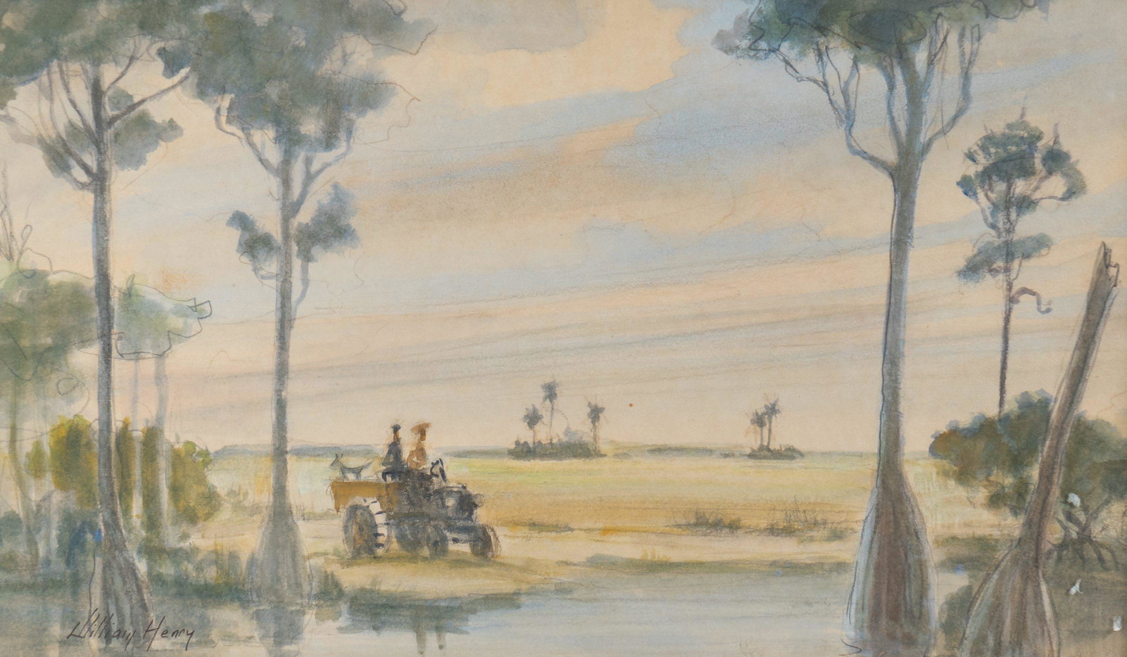 William Henry (American, 20th Century) Florida: William Henry (American, 20th Century) Florida Landscape with Figures on Tractor watercolor and pencil signed (lower left) 11 3/4 x 19 3/4 inches.