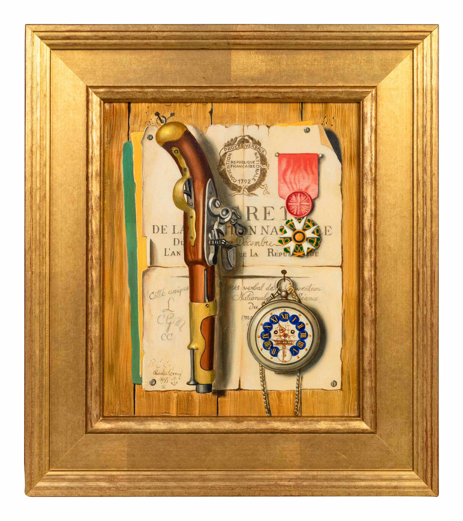 Charles Cerny (Czech, 1892-1965) Tromp L'Oeil Still: Charles Cerny (Czech, 1892-1965) Tromp L'Oeil Still Life with Pistol, 1955 oil on canvas signed and dated (lower left) 11 x 9 1/4 inches.