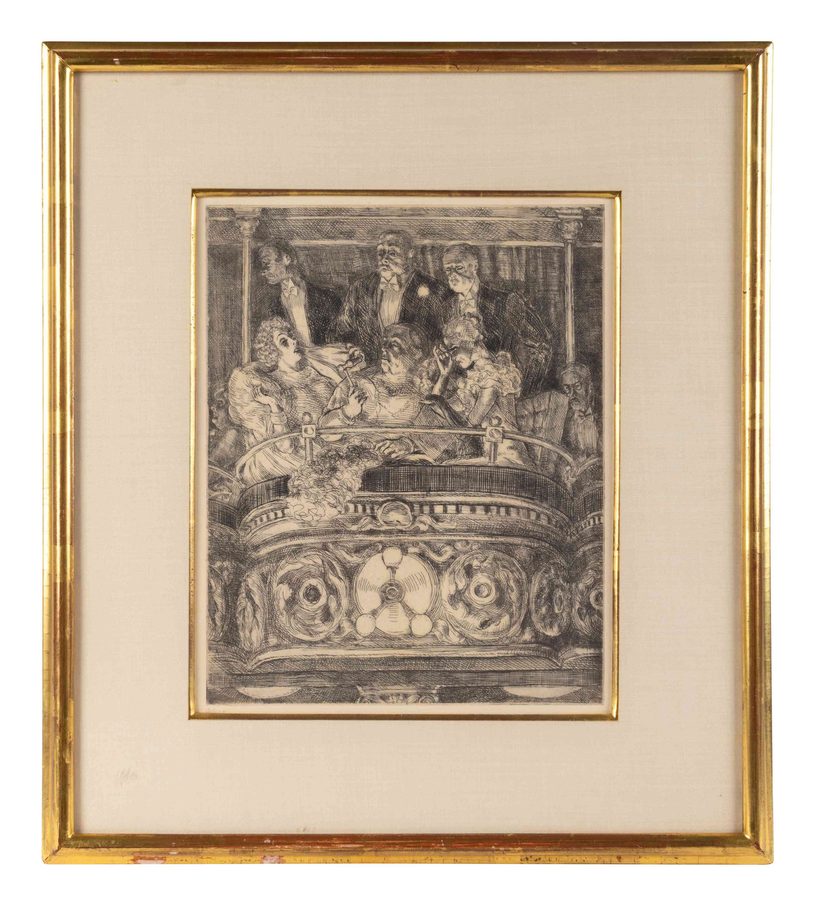 Reginald Marsh (American, 1898 - 1954) Box at the: Reginald Marsh (American, 1898 - 1954) Box at the Metropolitan Opera, 1934 etching edition of 2/100, Whitney Museum, pub. (1969) Sight size, 10 x 8 inches.
