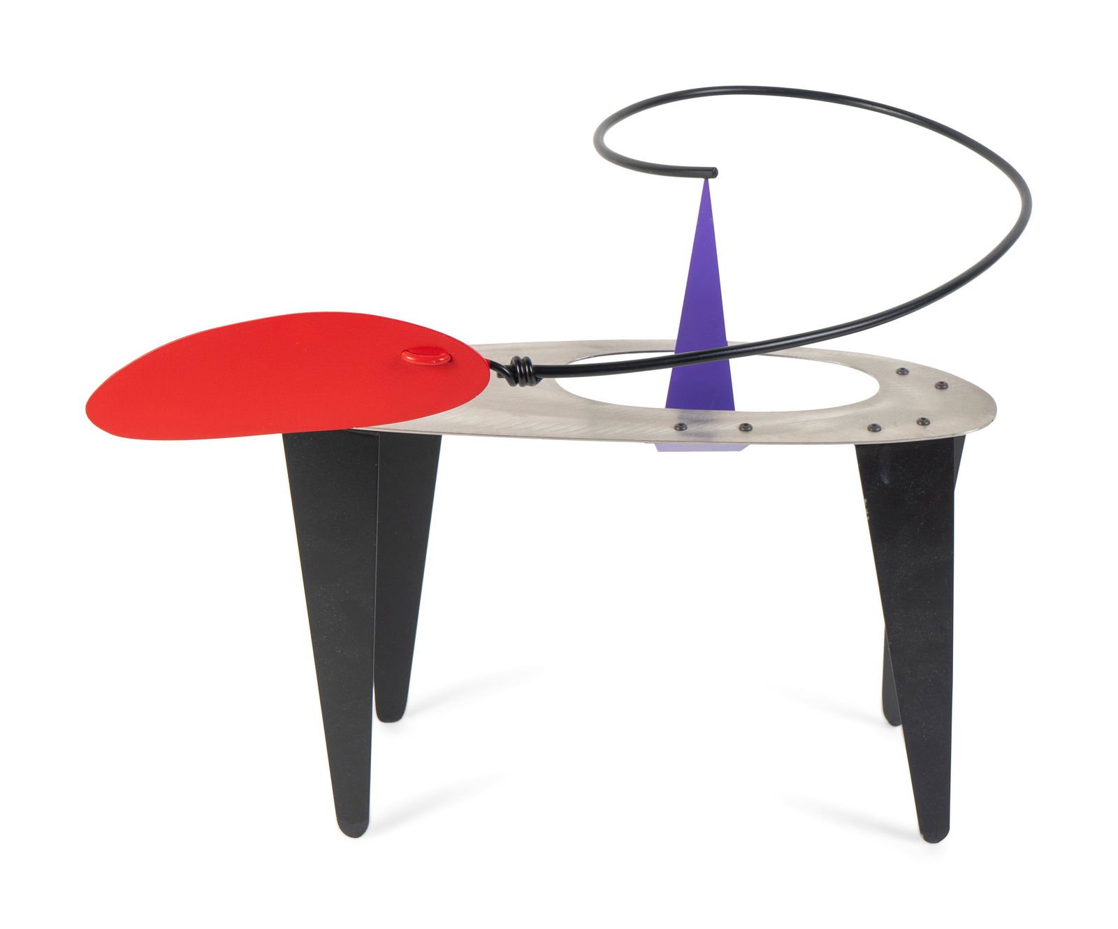 Brad Howe (American, b. 1959) Red/Purple/Steel: Brad Howe (American, b. 1959) Red/Purple/Steel cut and painted metal kinetic sculpture Height 10 1/2 inches. Property from the Collection of Dr. Robert C. Springborn and Mrs. Carolyn J. Springborn