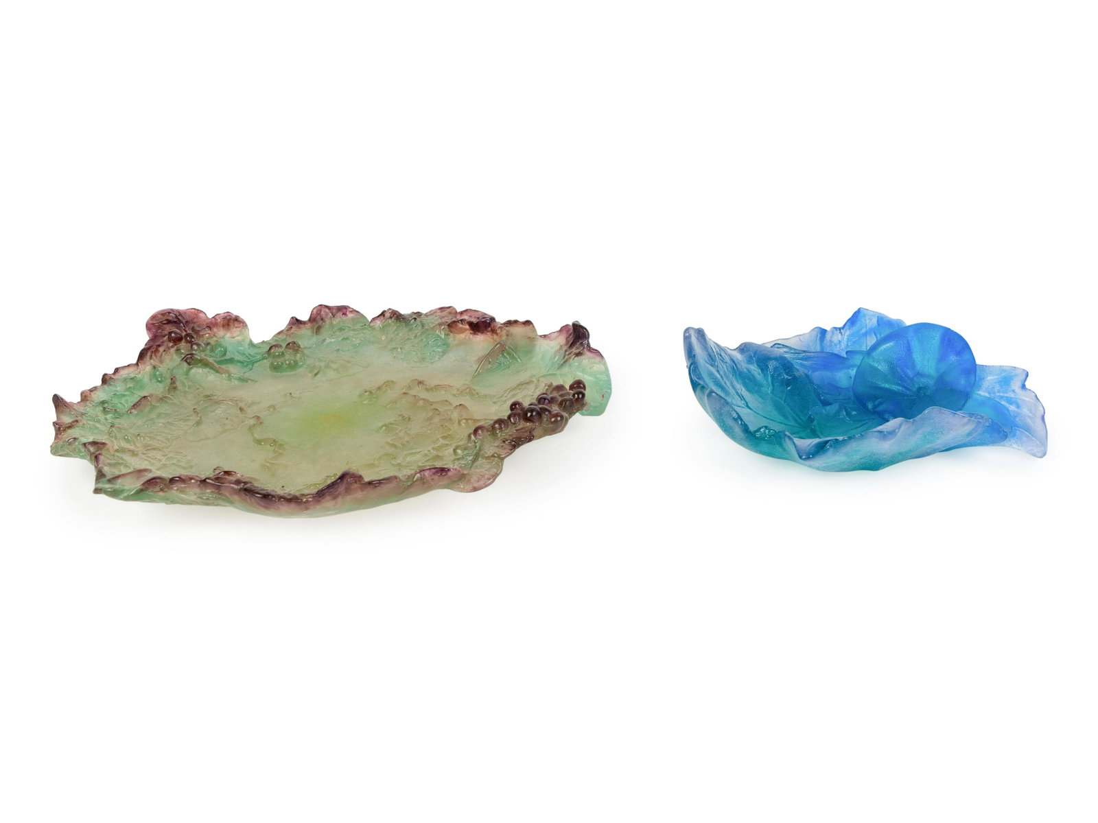 Two Daum Pate-de-Verre Glass Plates Larger, 10 1/2 x 9: Two Daum Pate-de-Verre Glass Plates 20TH CENTURY each with etched signature on underside Daum/France. Larger, 10 1/2 x 9 3/4 inches.