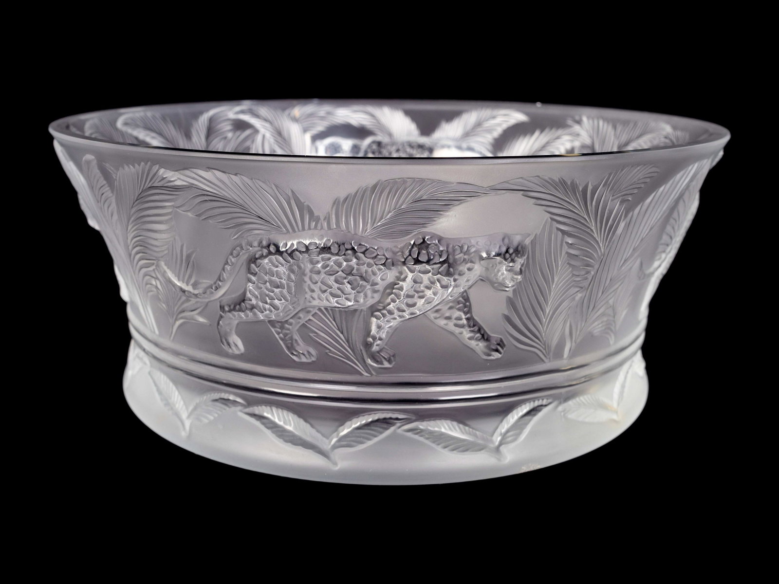A Lalique Molded and Frosted Glass Jungle Bowl Height 4: A Lalique Molded and Frosted Glass Jungle Bowl 20TH CENTURY engraved signature in script Lalique/France. Height 4 1/8 x diameter 9 3/4 inches. Property of a Boca Raton Private Collector