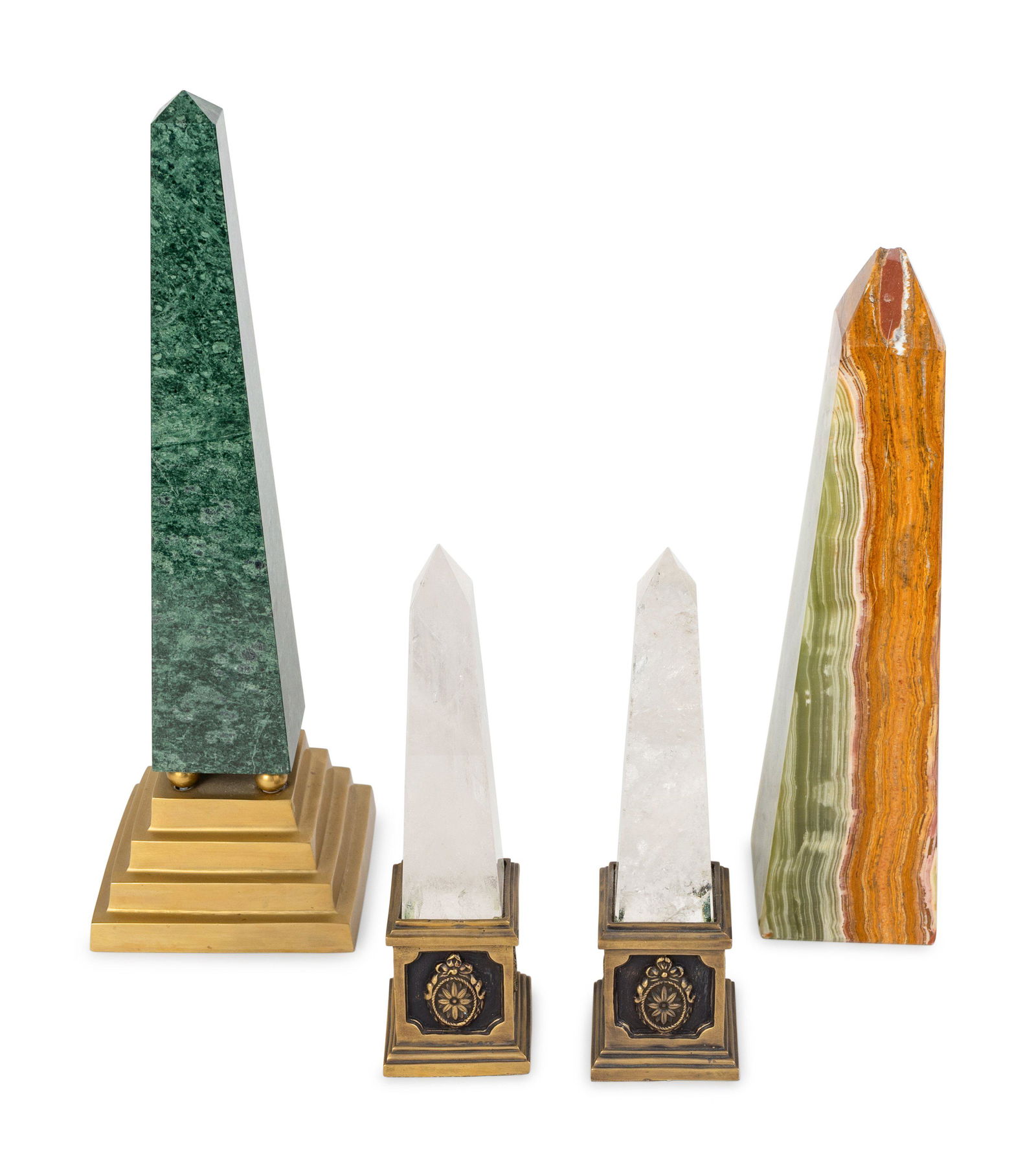 Four Neoclassical Style Obelisks Height of tallest 14: Four Neoclassical Style Obelisks 20TH CENTURY comprising a Maitland Smith pair in rock crystal on gilt-metal base, a green marble obelisk and an onyx obelisk. Height of tallest 14 1/2 inches.