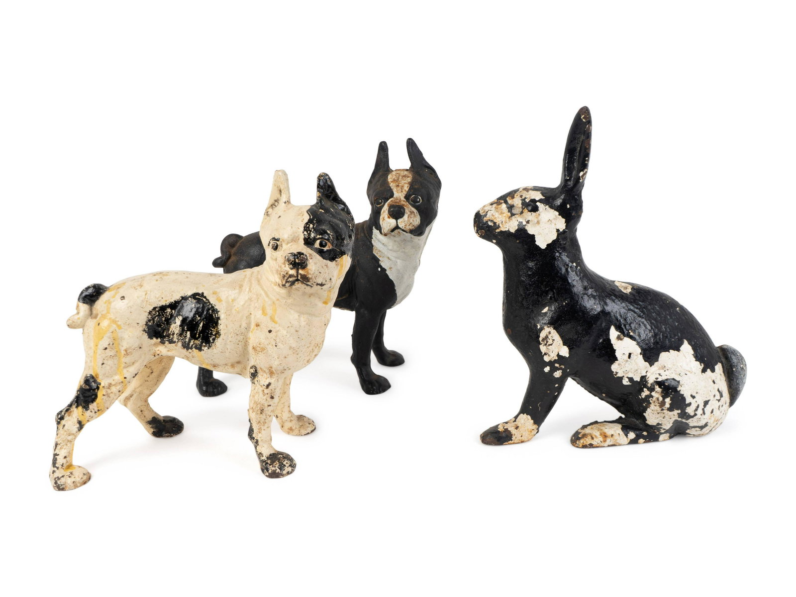 Three Painted Iron Door Stops Height of dogs, 10 1/4,: Three Painted Iron Door Stops 19TH/20TH CENTURY two Boston Bull Terriers and a rabbit. Height of dogs, 10 1/4, rabbit 12 inches.