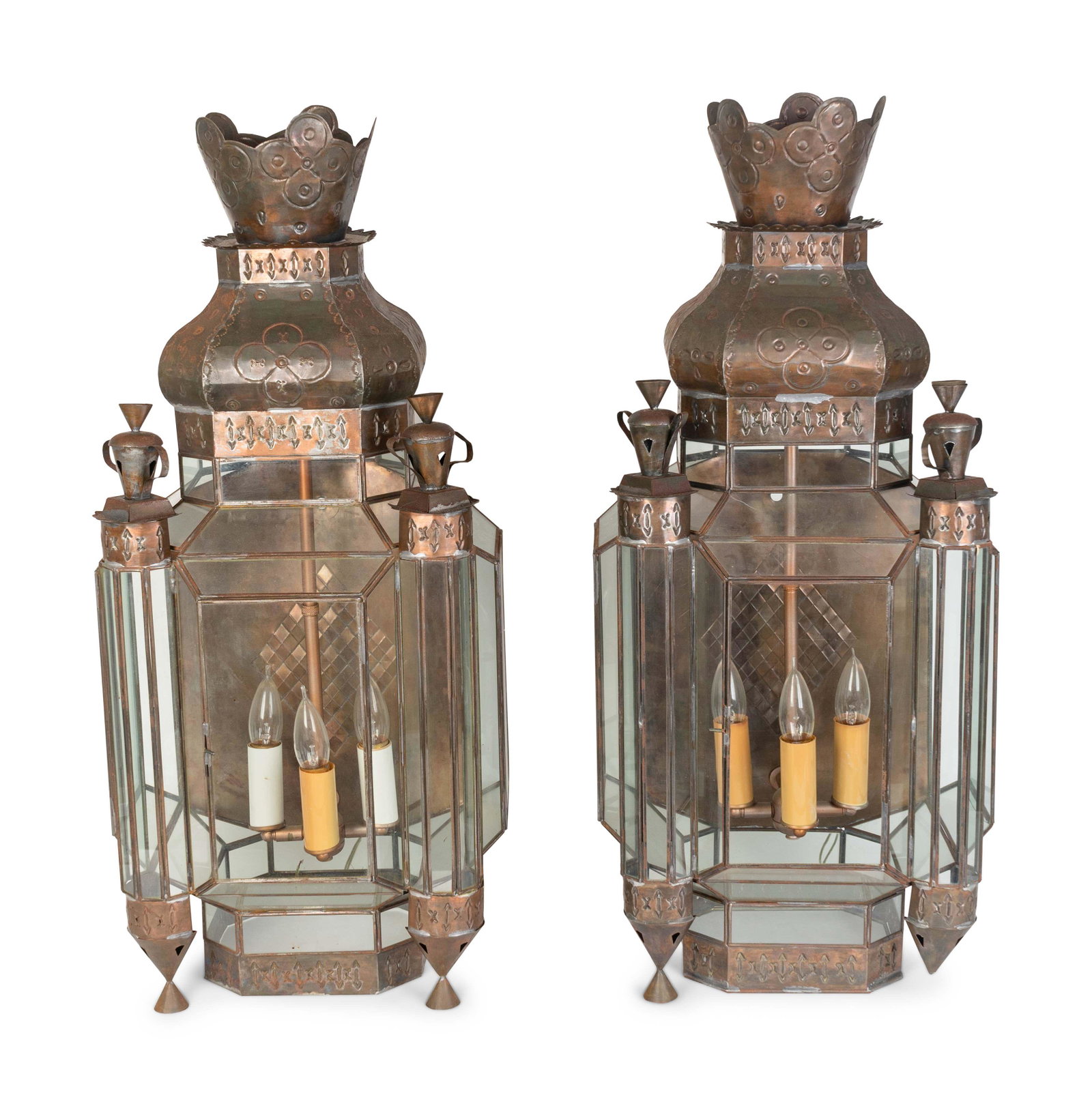 A Pair of Middle Eastern Stamped Metal and Glass: A Pair of Middle Eastern Stamped Metal and Glass Sconces 20TH CENTURY Height 31 1/4 inches