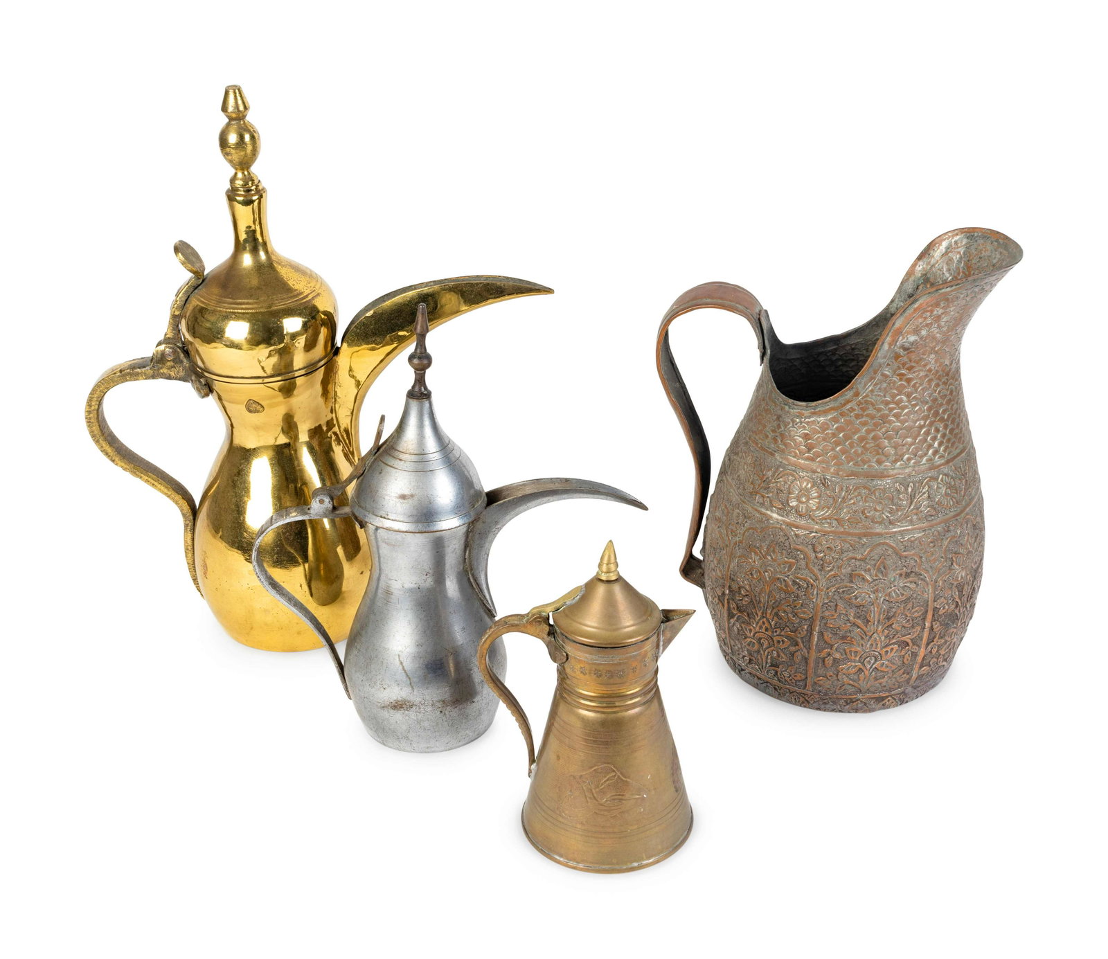 A Collection of Five Middle Eastern Metal Vessels: A Collection of Five Middle Eastern Metal Vessels 19TH/20TH CENTURY comprised of brass, stamped metal and copper. Height of tallest 22 inches.