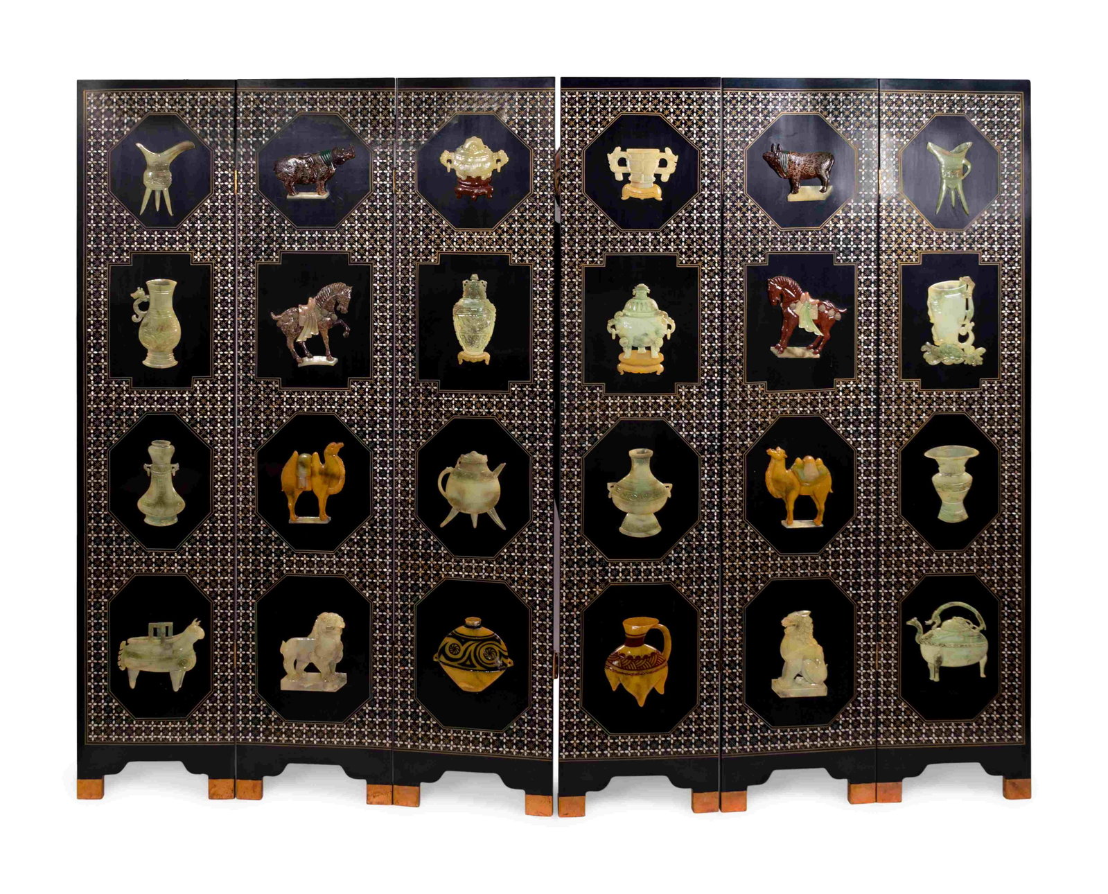 A Chinese Hardstone-Mounted Black Lacquer Six-Panel: A Chinese Hardstone-Mounted Black Lacquer Six-Panel Screen 20TH CENTURY Height 72 x width of each panel 15 3/4 inches.