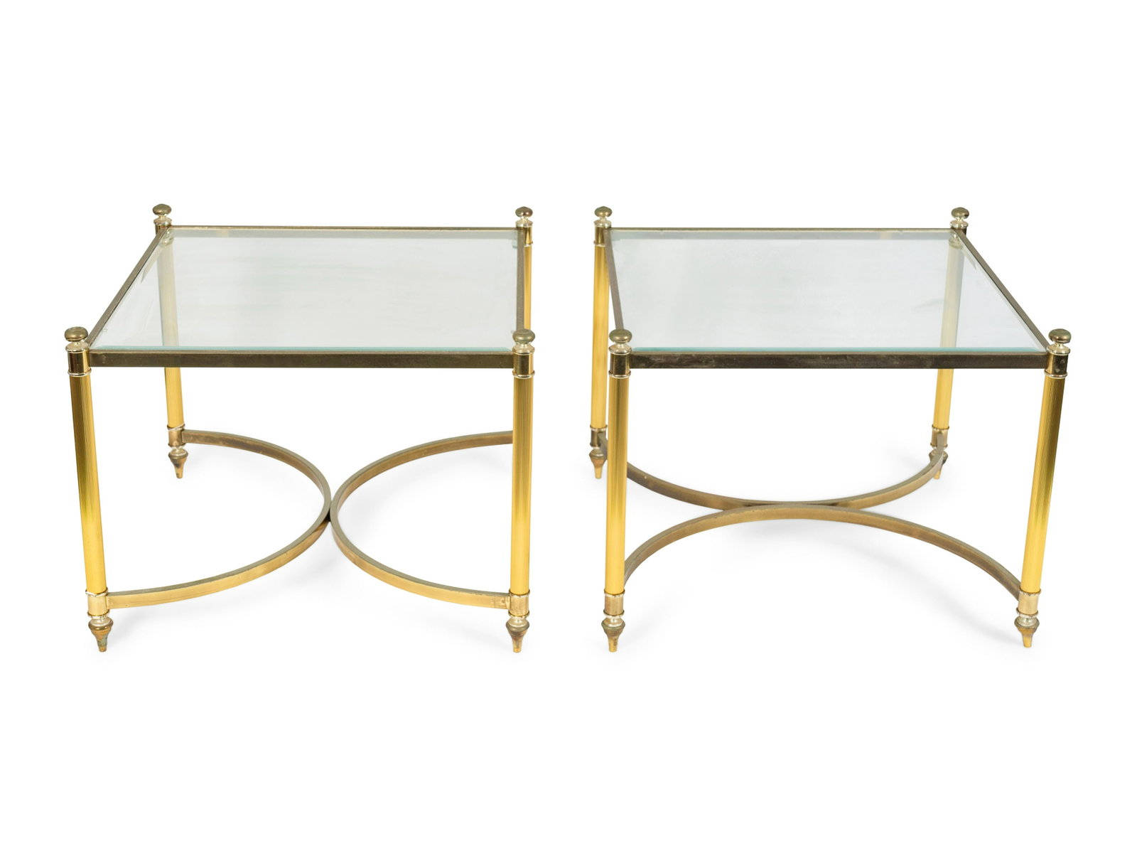 A Pair of Neoclassical Style Gilt Metal and Glass End: A Pair of Neoclassical Style Gilt Metal and Glass End Tables Height 22 x 28 1/4 inches square.
