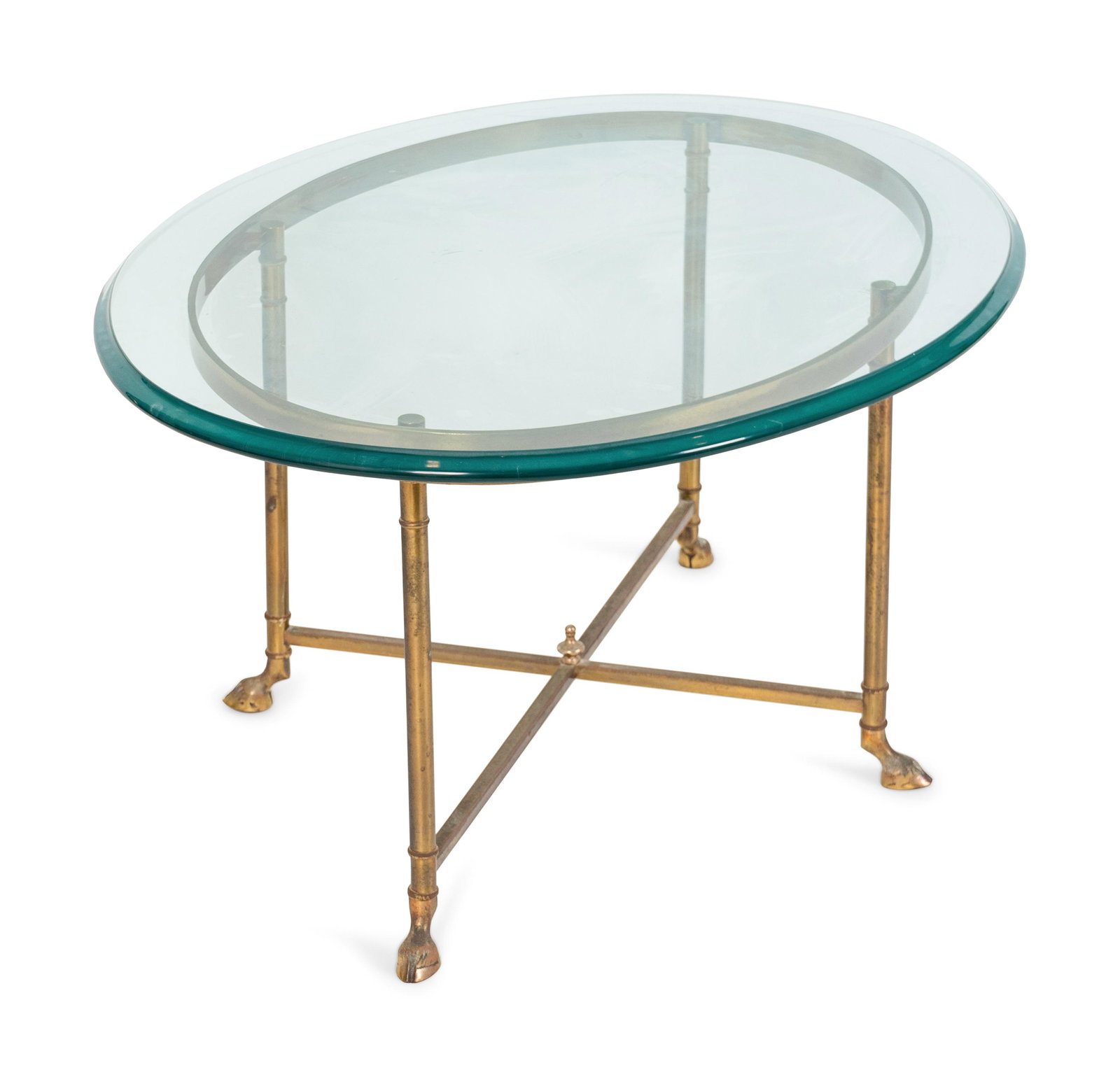 A Contemporary Brass and Glass Oval Coffee Table: A Contemporary Brass and Glass Oval Coffee Table 20TH CENTURY Height 17 x length 35 x depth 26 1/2 inches.