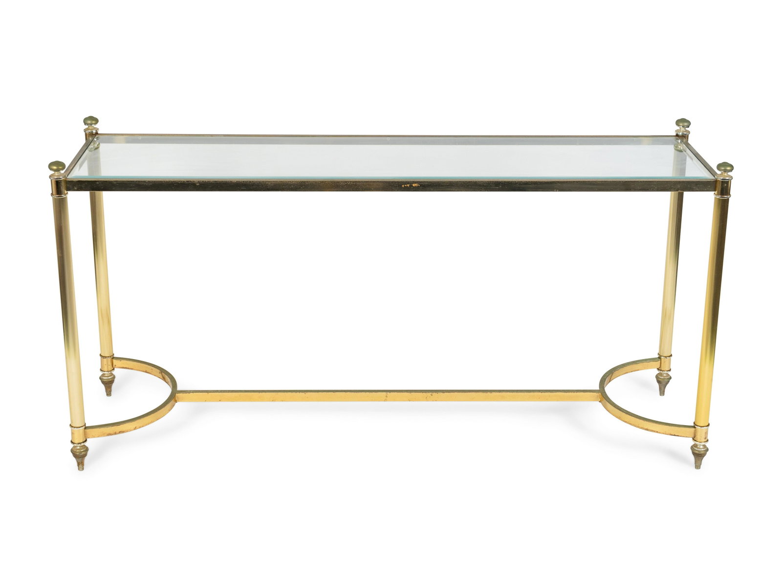 A Neoclassical Style Gilt Metal and Glass Top Console: A Neoclassical Style Gilt Metal and Glass Top Console Table Height 28 1/2 x width 56 x depth 16 inches.