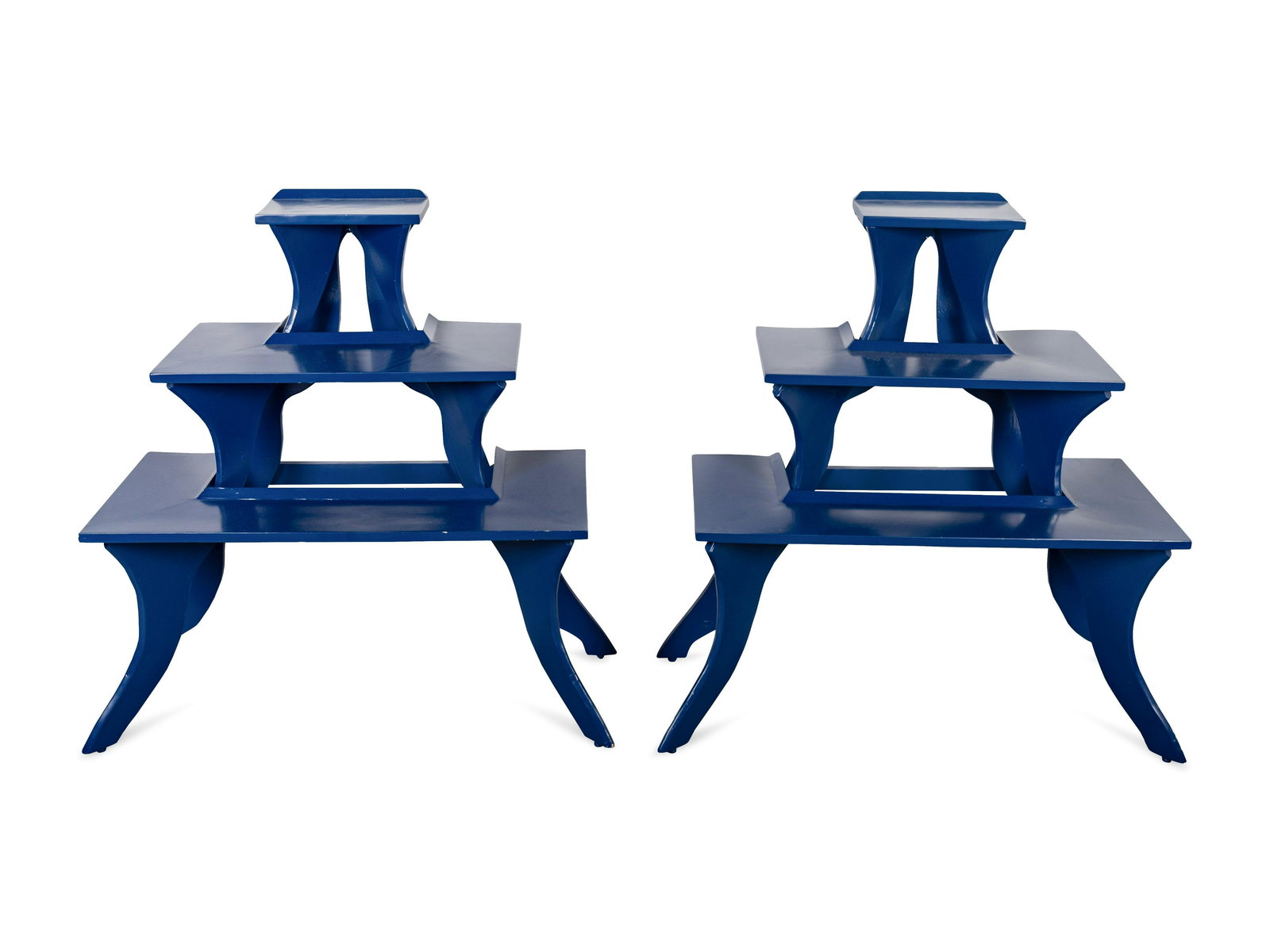 A Pair of Blue-Painted Three Tier Side Tables : A Pair of Blue-Painted Three Tier Side Tables 20TH/21ST CENTURY Attributed to Billy Baldwin. Height 39 1/2 x width 35 1/2 depth 17 inches.