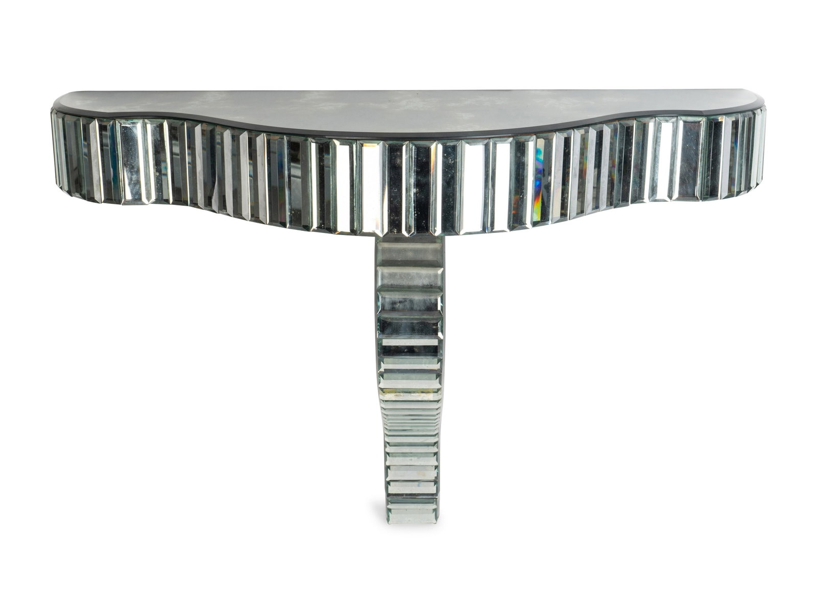 A Contemporary Mirrored Glass Serpentine Console : A Contemporary Mirrored Glass Serpentine Console Height 23 1/4 x width 34 1/4 x depth 12 1/2 inches.